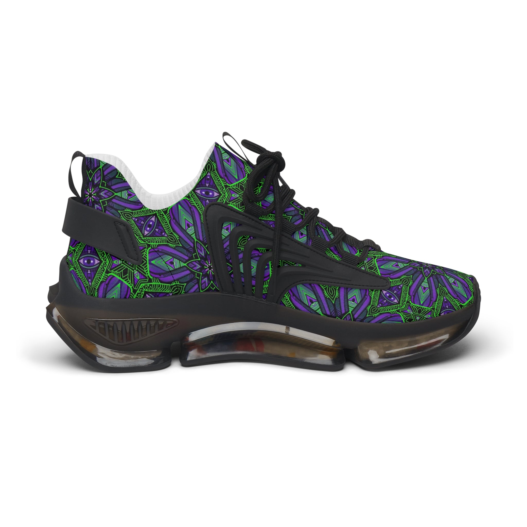 Women's Mesh Sneakers — Purple Green Kaleidoscope Floral Pattern. #it97007