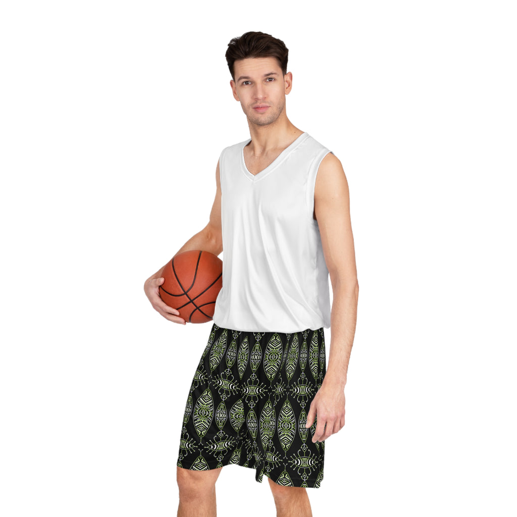 Tribal Green Pattern Basketball Shorts #u98647