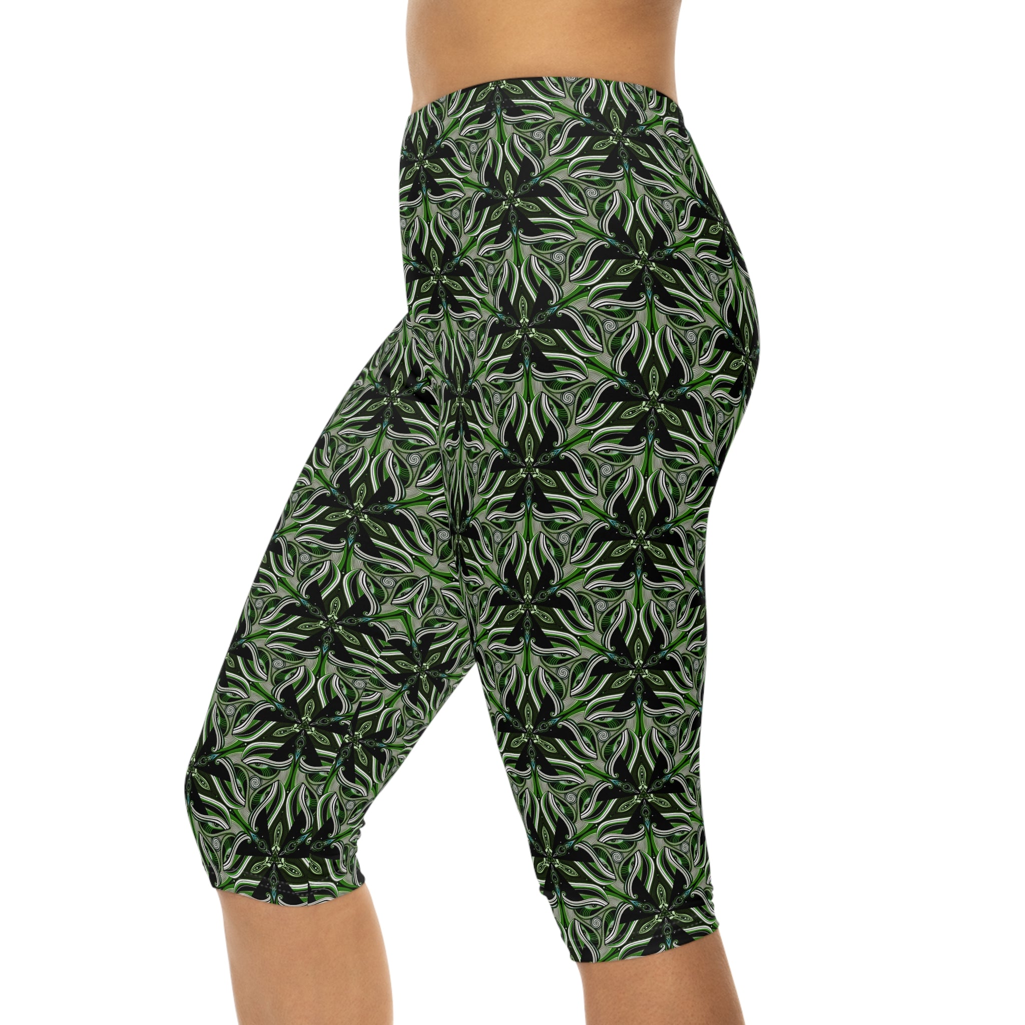 Capri Leggings — Green Botanical Kaleidoscope Print #CL1