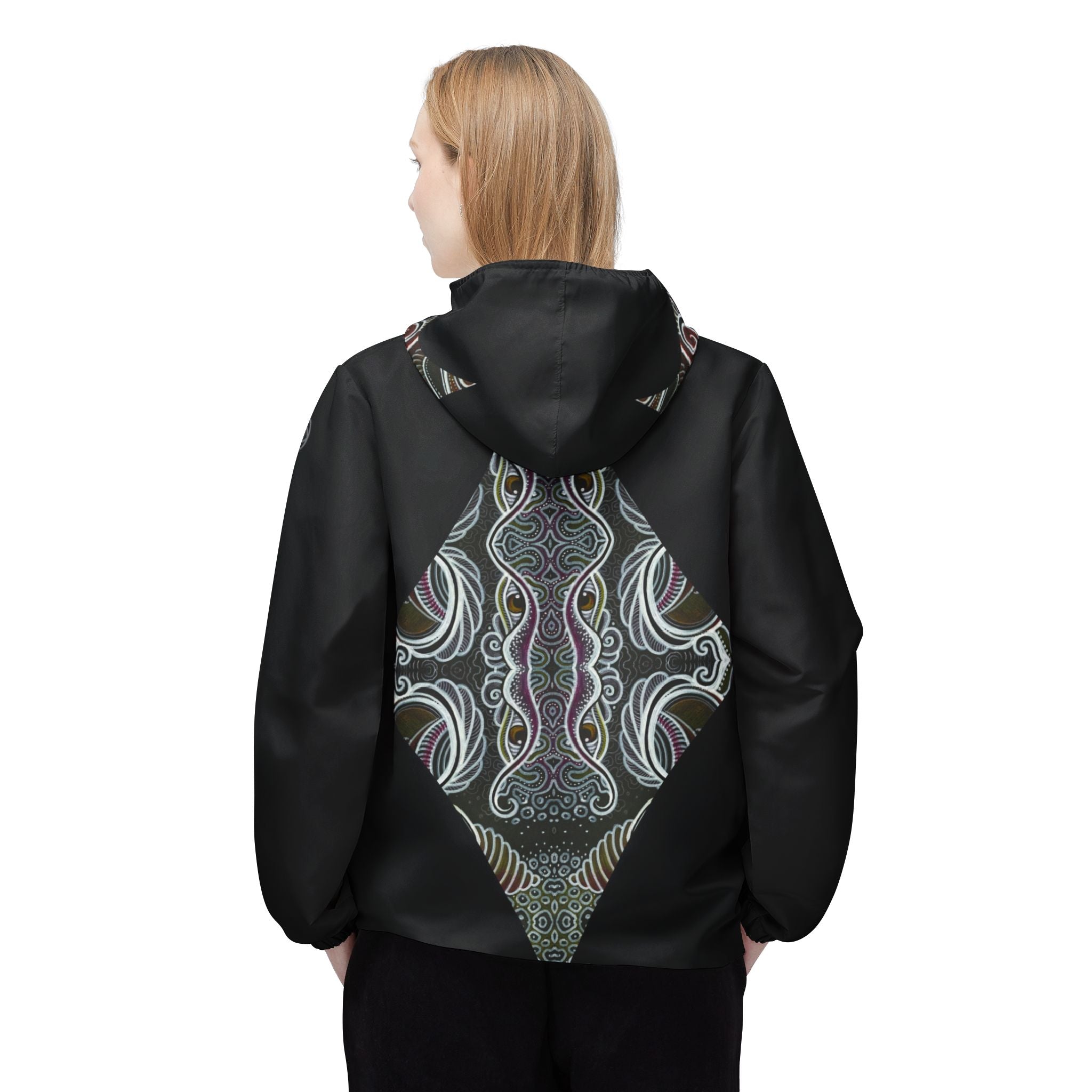 Abstract Triangle Pattern Windbreaker Jacket — Geometric Tribal Print Hooded Jacket #wj3421