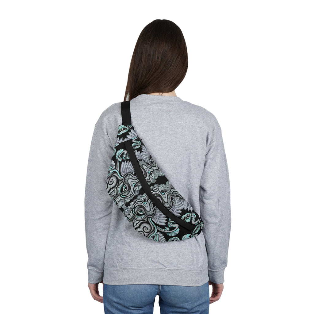 Large Fanny Pack — Black & Teal Ornate Pattern Waist Bag #wp23