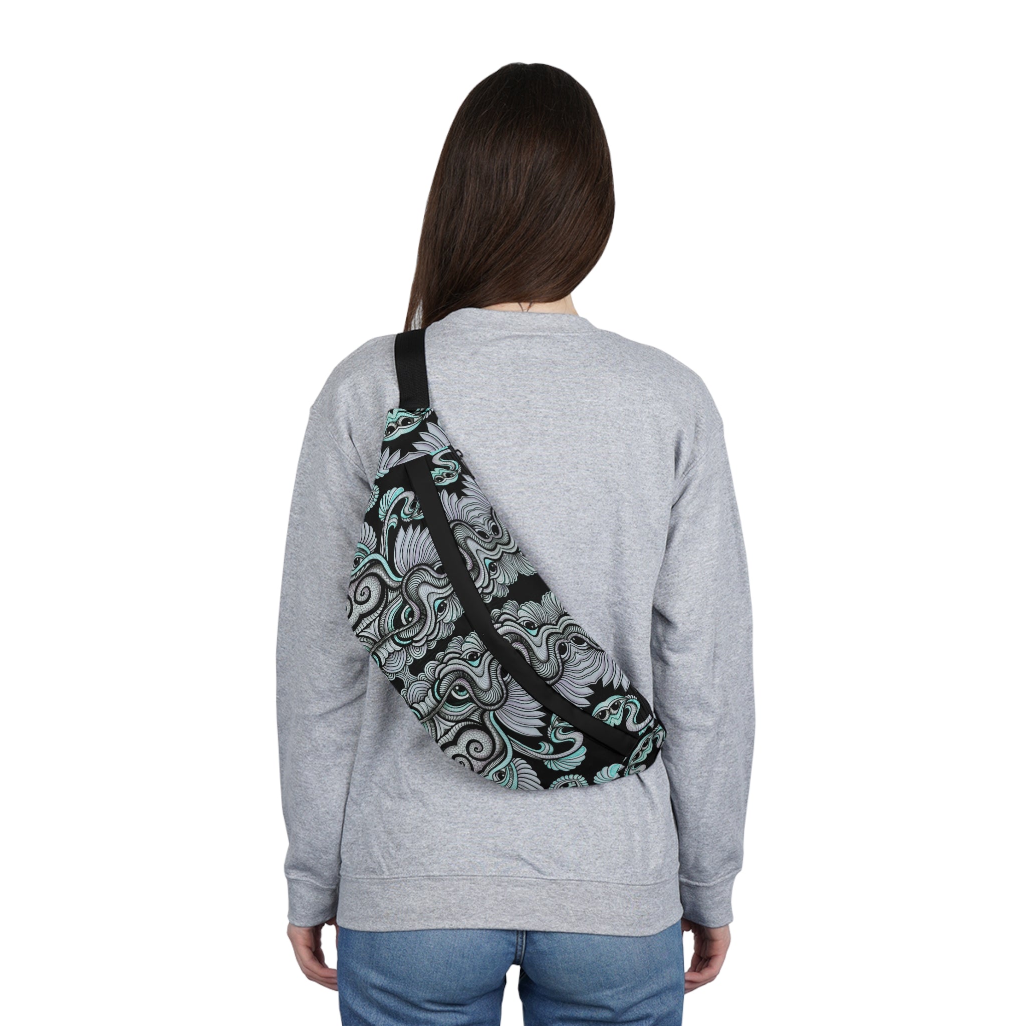 Large Fanny Pack — Black & Teal Ornate Pattern Waist Bag #wp23