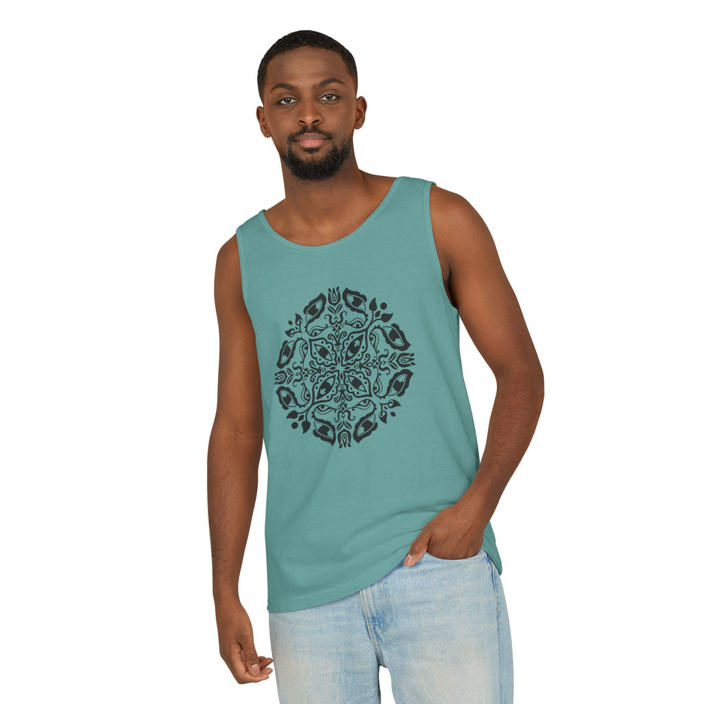 Boho Mandala Tank Top — Black Floral Circular Graphic Tank #fr3