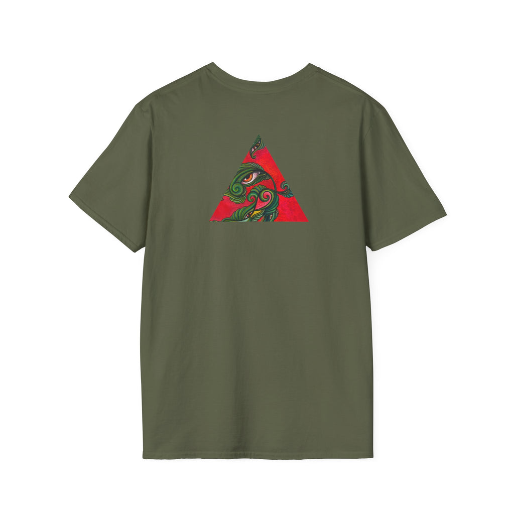 Geometric Tribal Eye Tee — Abstract Red & Green Triangle Graphic T-Shirt #sx432177