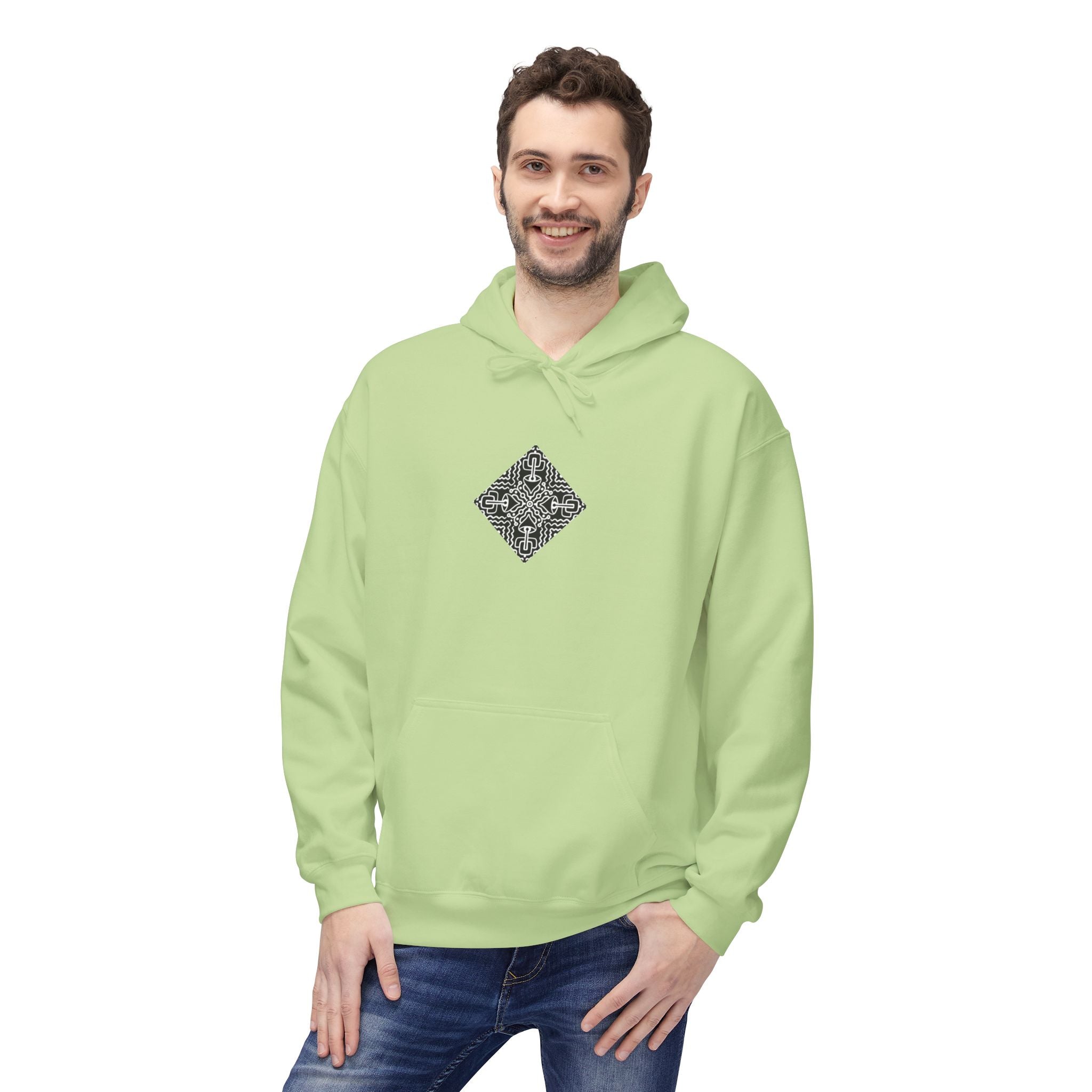 Geometric Mandala Hoodie — Monochrome Diamond Line Art Chest & Back Print #k0873568