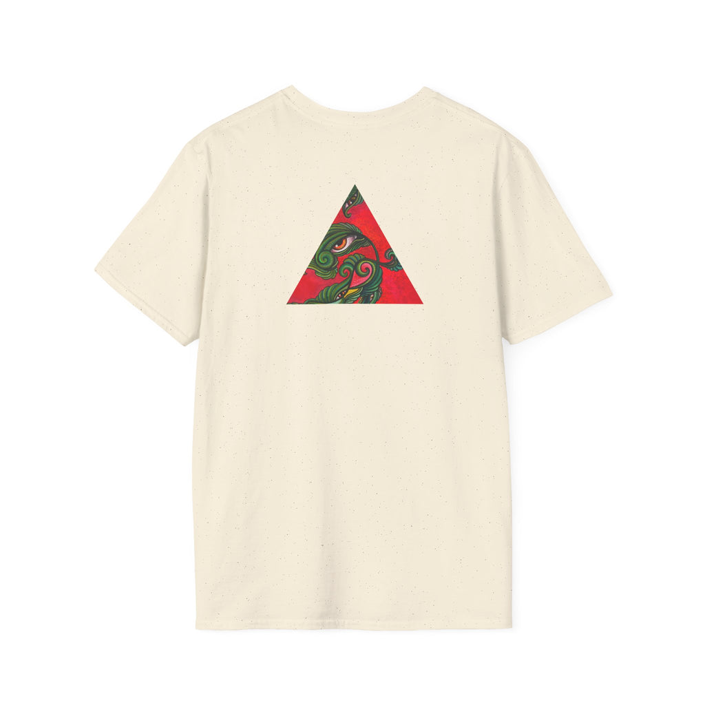 Geometric Tribal Eye Tee — Abstract Red & Green Triangle Graphic T-Shirt #sx432177