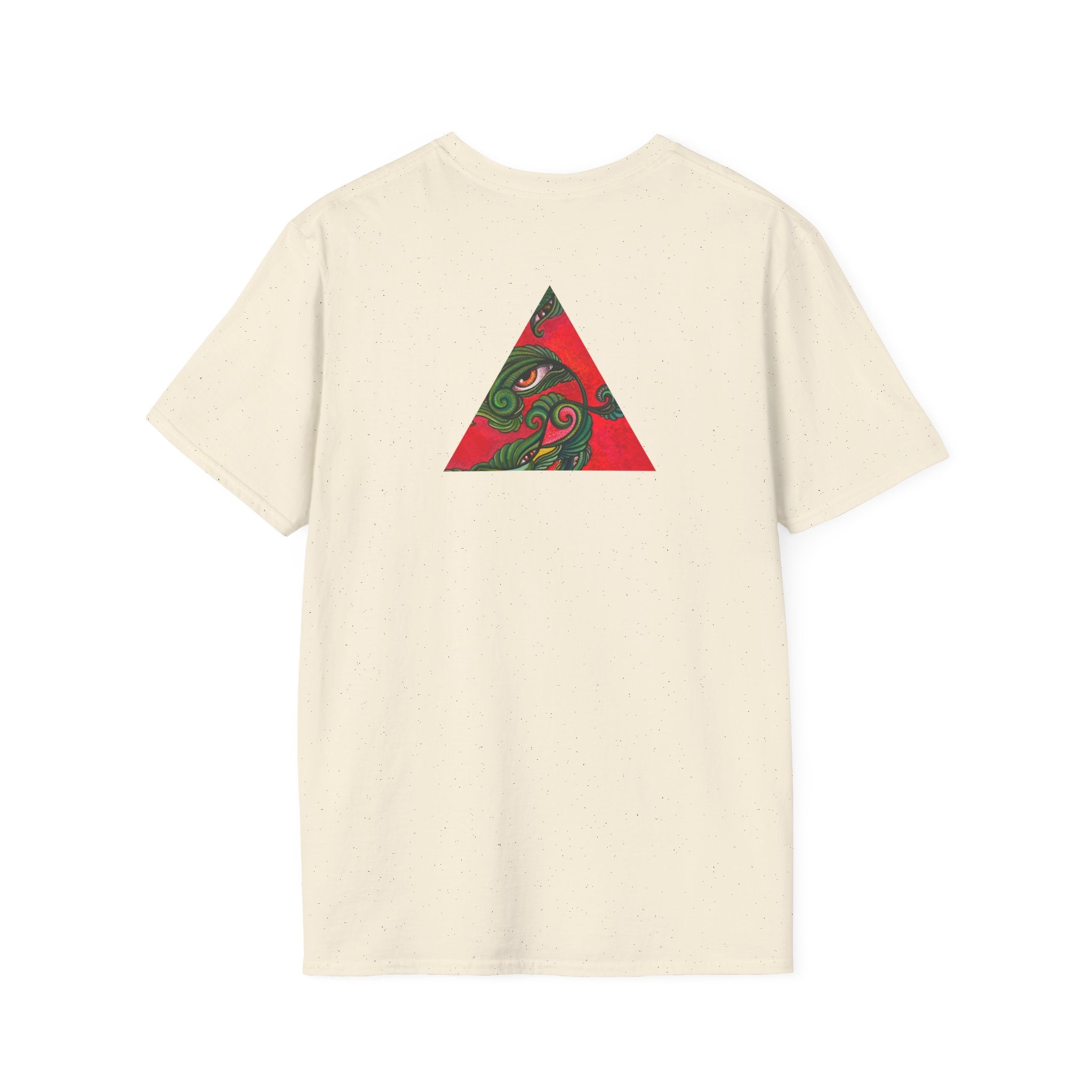 Geometric Tribal Eye Tee — Abstract Red & Green Triangle Graphic T-Shirt #sx432177