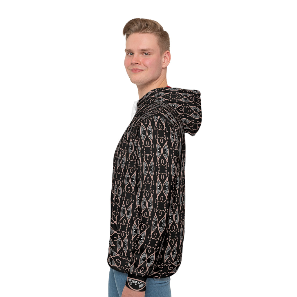 Men's All-Over Print Hoodie — Black & Rose Geometric Eye Pattern #h64578