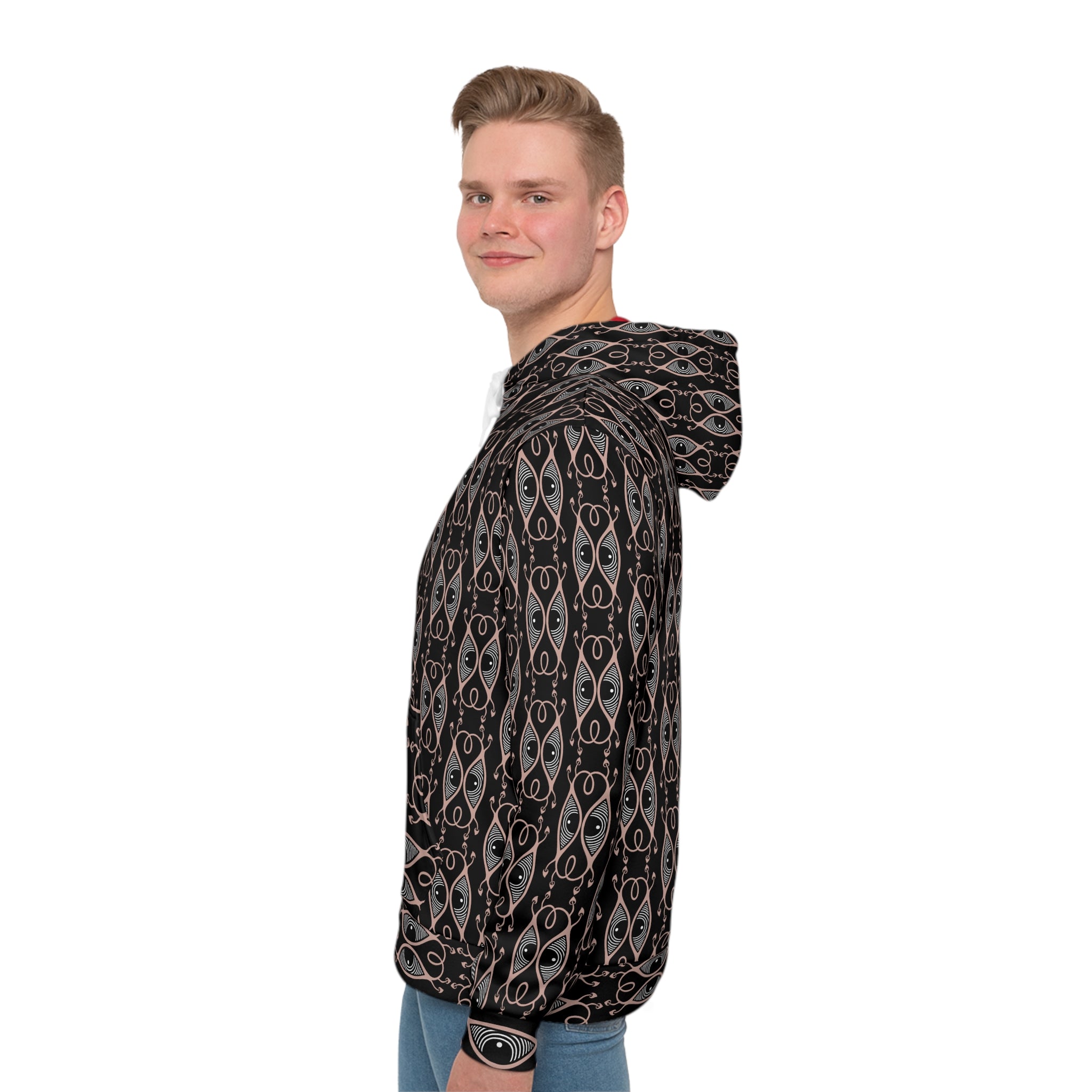 Men's All-Over Print Hoodie — Black & Rose Geometric Eye Pattern #h64578