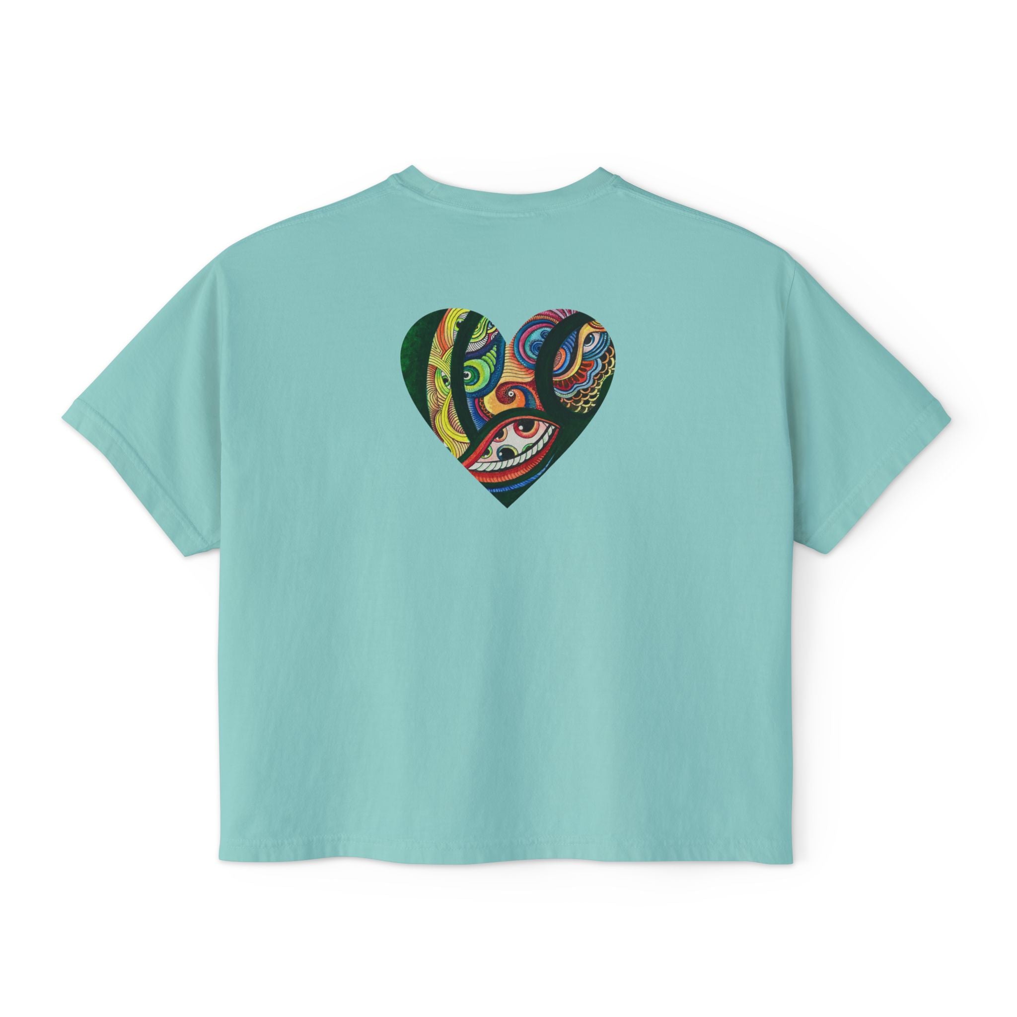 Women's Boxy Tee with Abstract Colorful Triangle (Front) & Heart (Back) Art — Casual Graphic Crop Top #hd9859