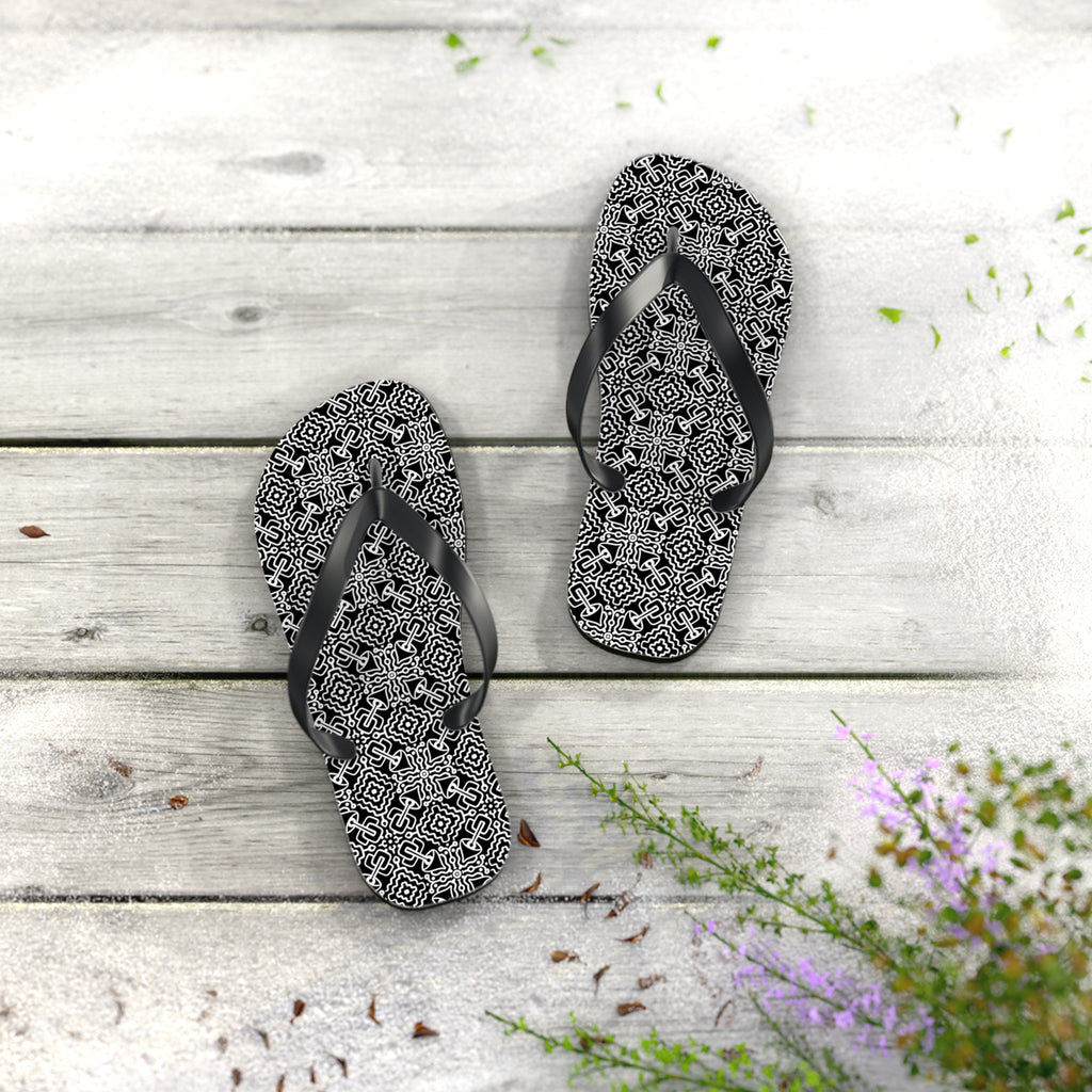 Monochrome Geometric Flip Flops — Black & White Aztec Pattern Beach Sandals #d98646