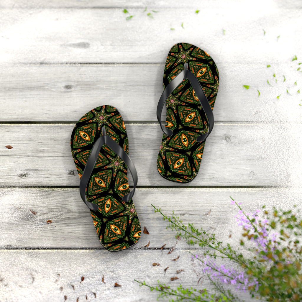 Kaleidoscope Green Pattern Flip Flops — Boho Summer Beach Sandals #k9753