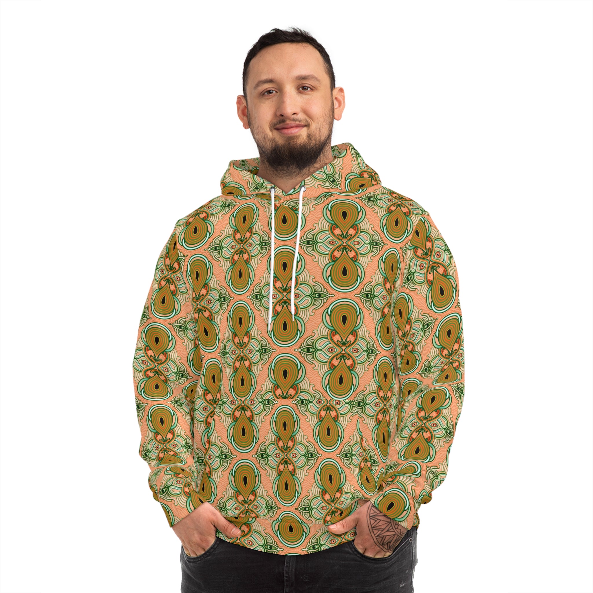 Retro Floral Pattern Hoodie — Green Orange All-Over Print Fashion Hoodie #g000635
