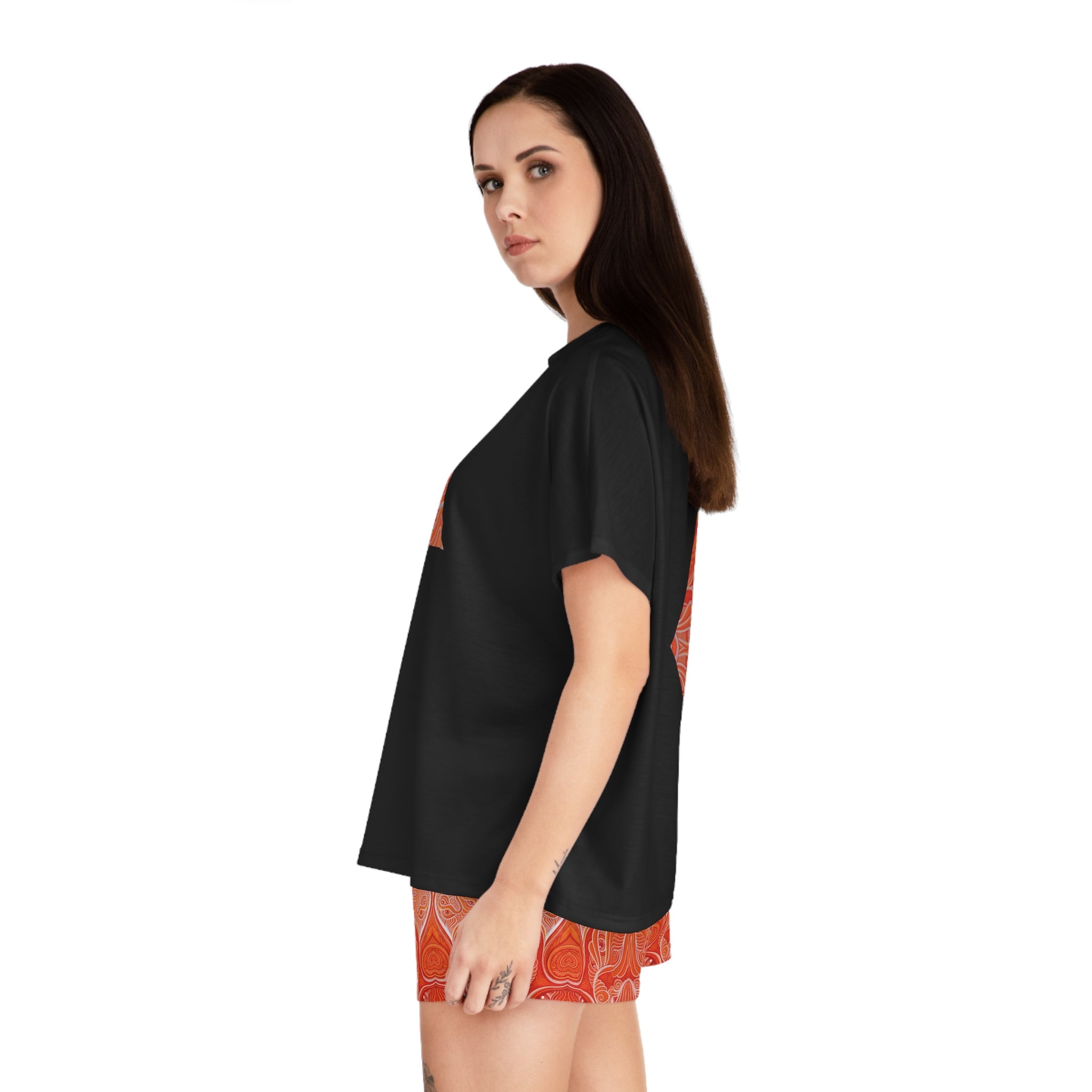 Women's Geometric Triangle Pajama Set — Orange Kaleidoscope Sleep Shorts & Tee #y77428
