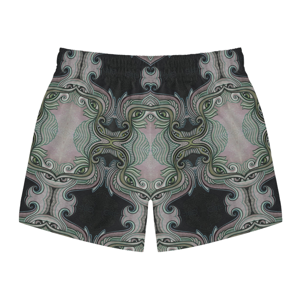 Retro Ornate Pattern Swim Trunks — Vintage Green & Pink All-Over Print #hd097532