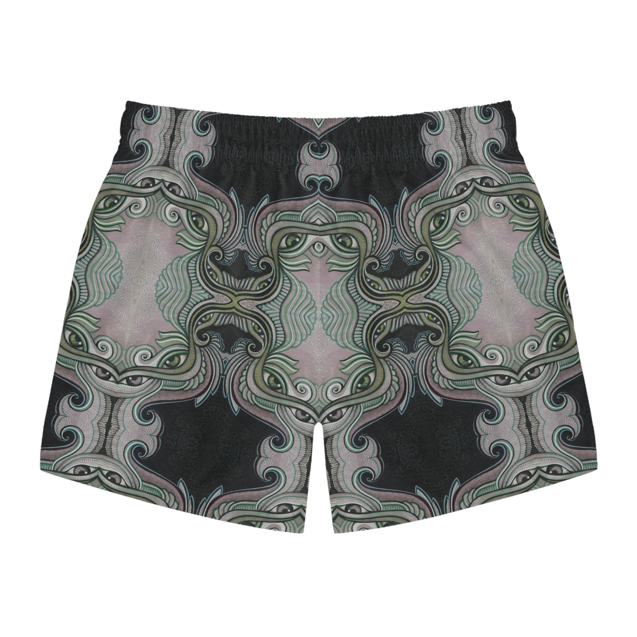Retro Ornate Pattern Swim Trunks — Vintage Green & Pink All-Over Print #hd097532