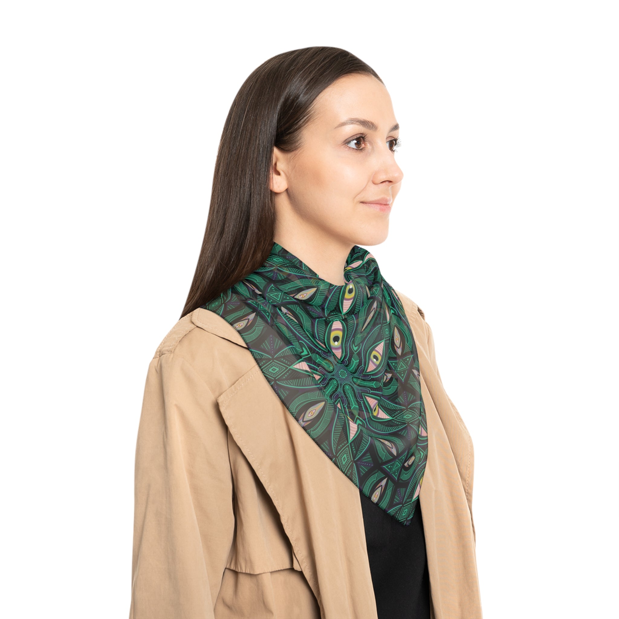 Emerald Kaleidoscope Poly Scarf — Geometric Floral Silk-Feel Fashion Accessory #kf98333