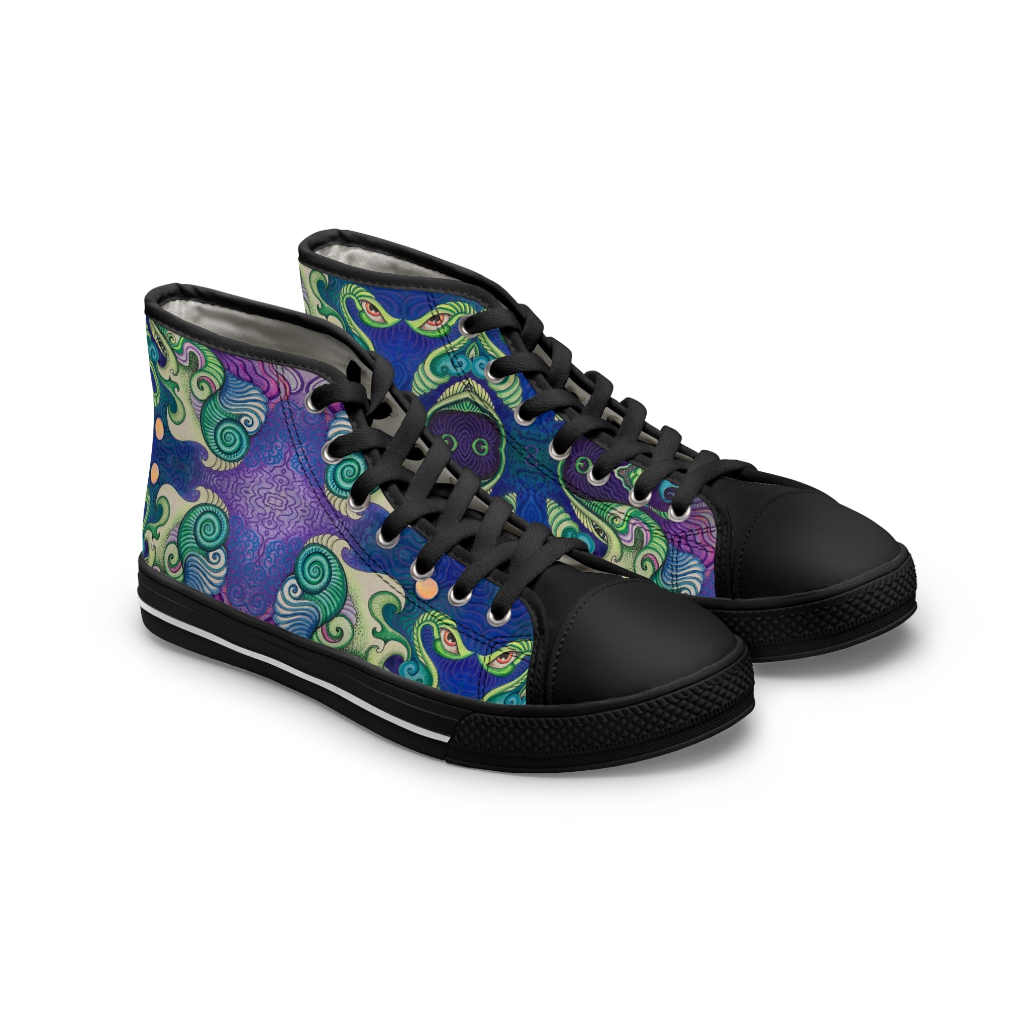 Women's High Top Sneakers — Swirling Ocean Green & Purple Art Print #h9086467