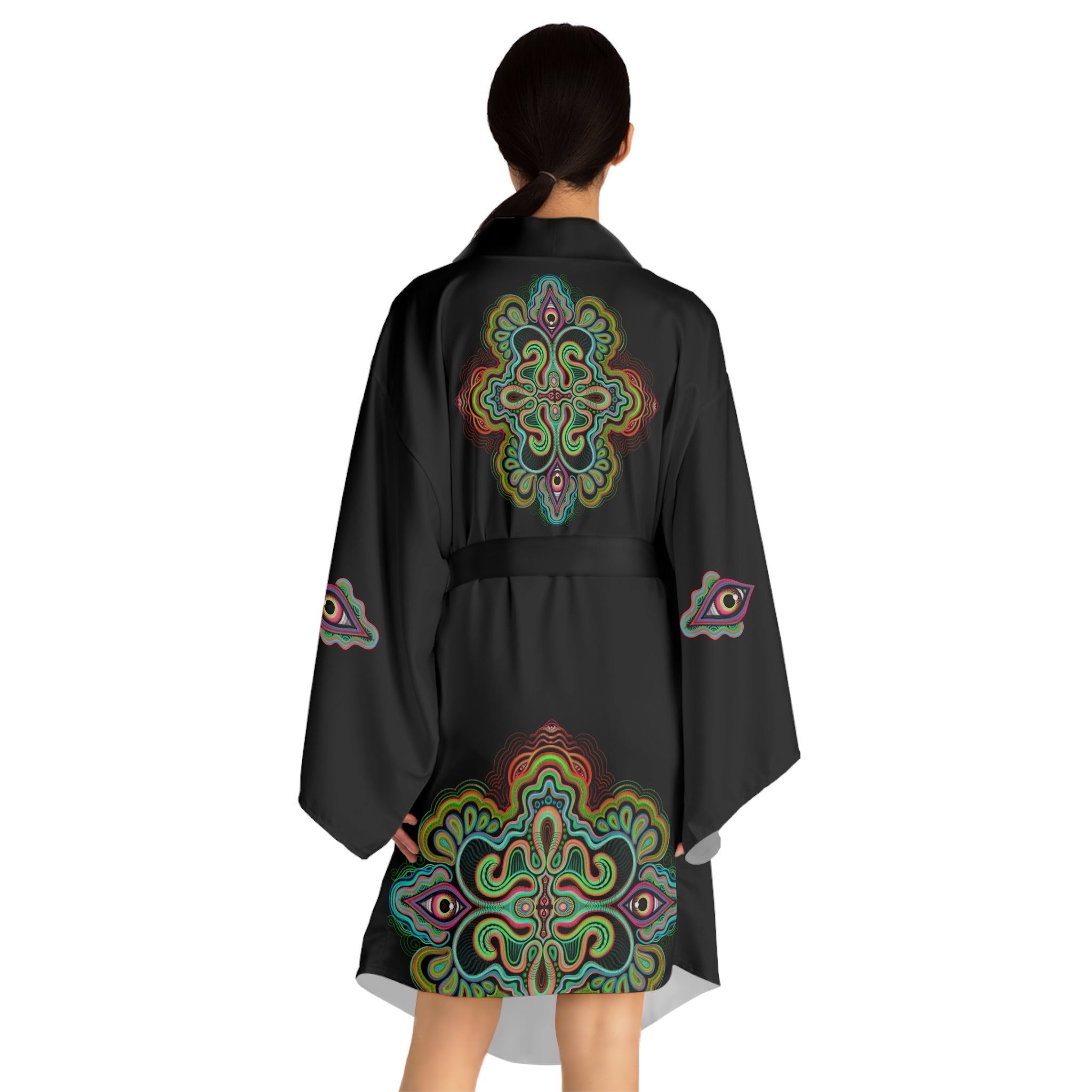 Black Kimono Robe with Colorful Mandala Accent – Long Sleeve Lounge Kimono #ki5