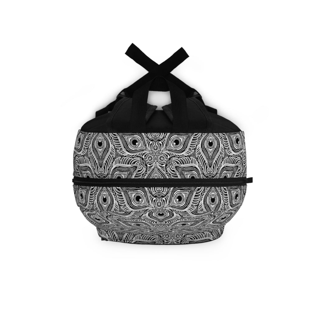 Monochrome Peacock Feather Pattern Backpack — Boho Geometric Daypack #d1