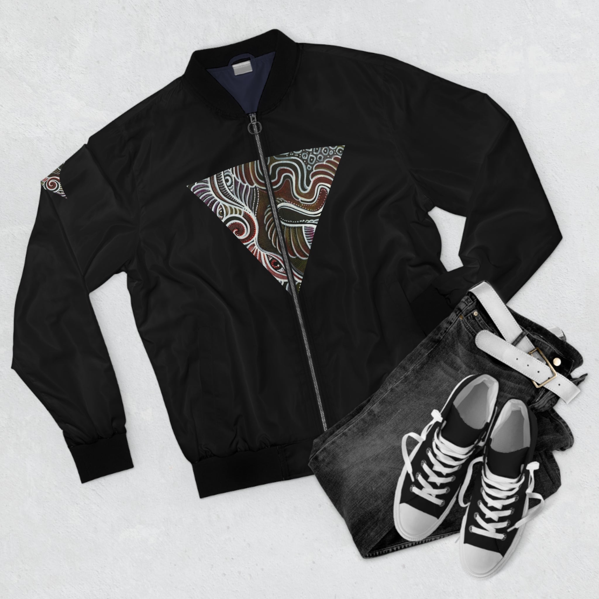 Black Bomber Jacket with Geometric Tribal Triangle Design #gt2233