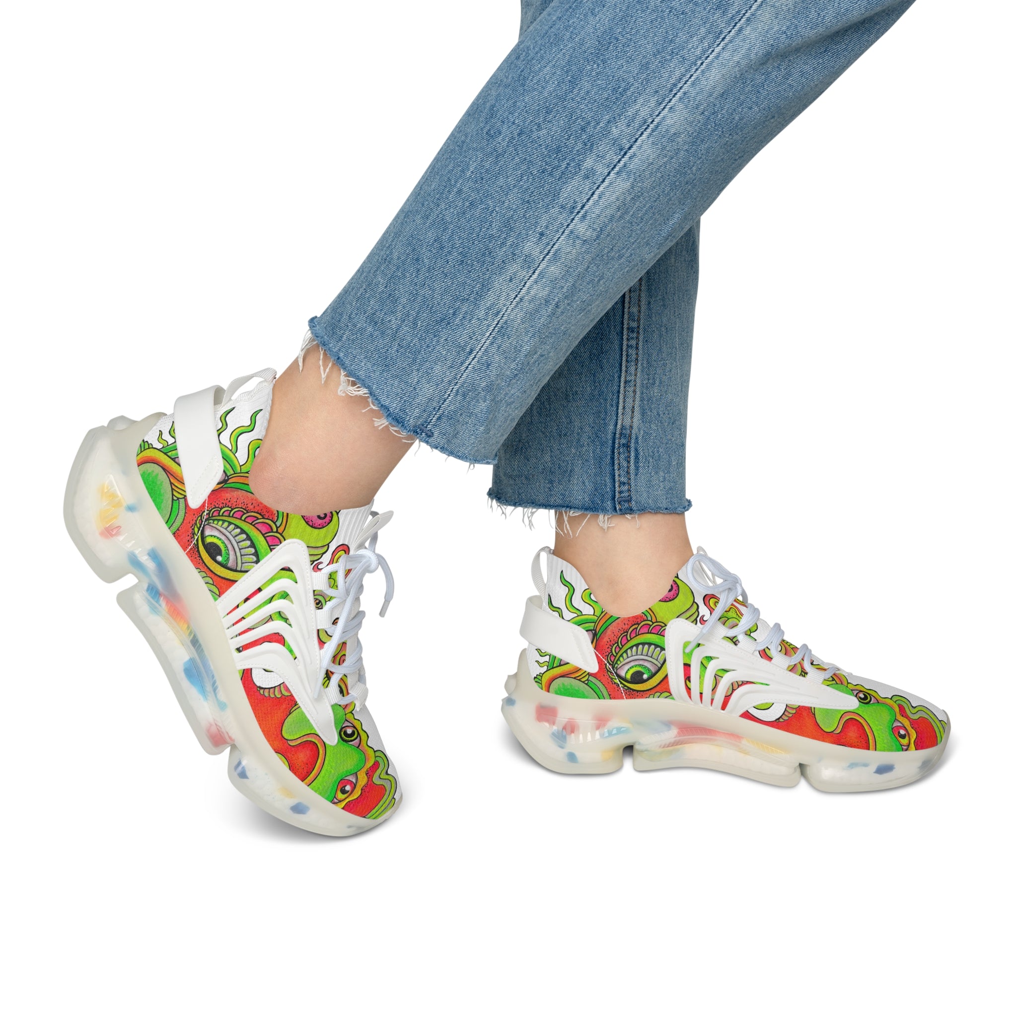 Psychedelic Floral Mesh Sneakers — Women's Colorful Retro Wave Athletic Shoes #d7843555