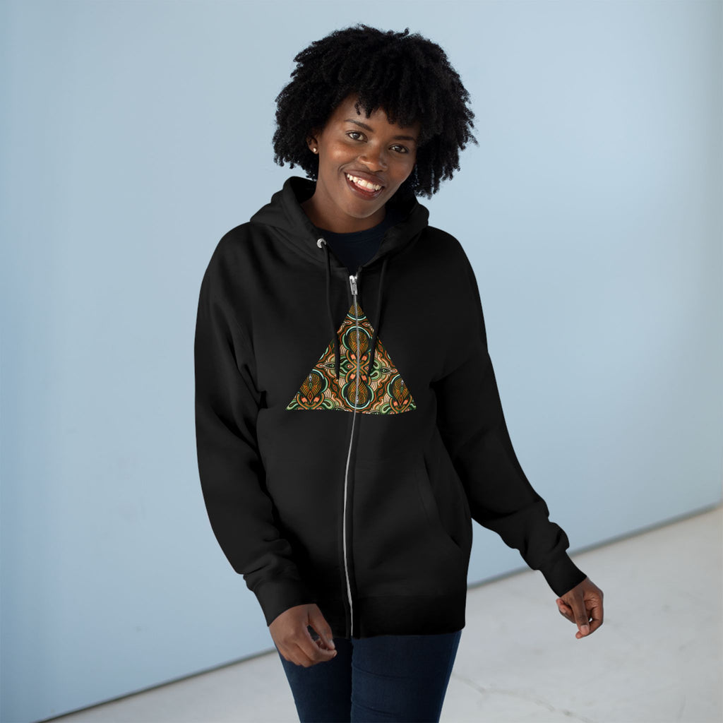 Geometric Tribal Pattern Zip Hoodie — Earthy Mandala Triangle & Circle Design #zh137
