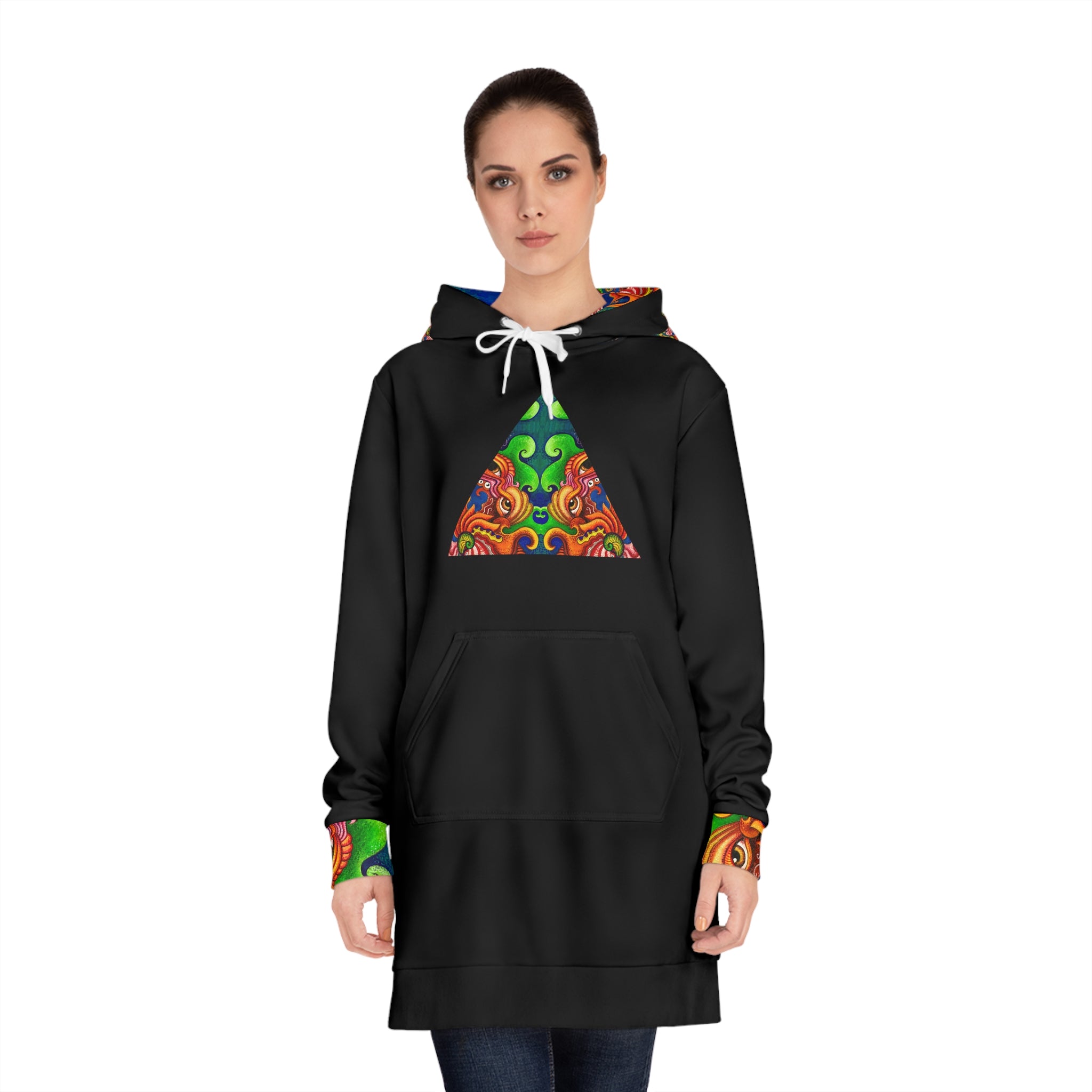 Women's Hoodie Dress — Psychedelic Triangle Floral Print Cozy Tunic #hd5643