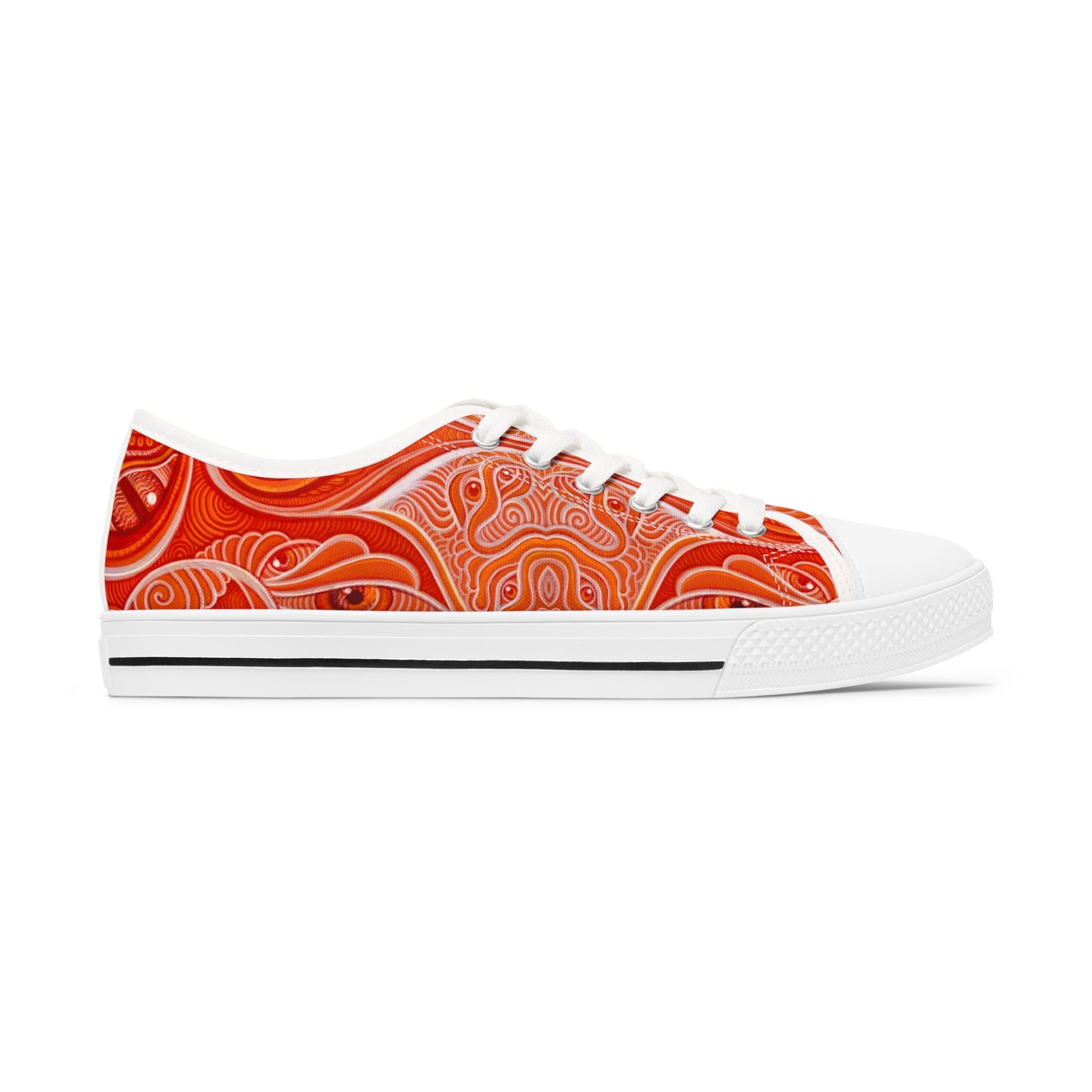 Women's Low Top Sneakers — Red Abstract Swirl Canvas Shoes, Artistic Casual Lace-Up Trainers #d00422