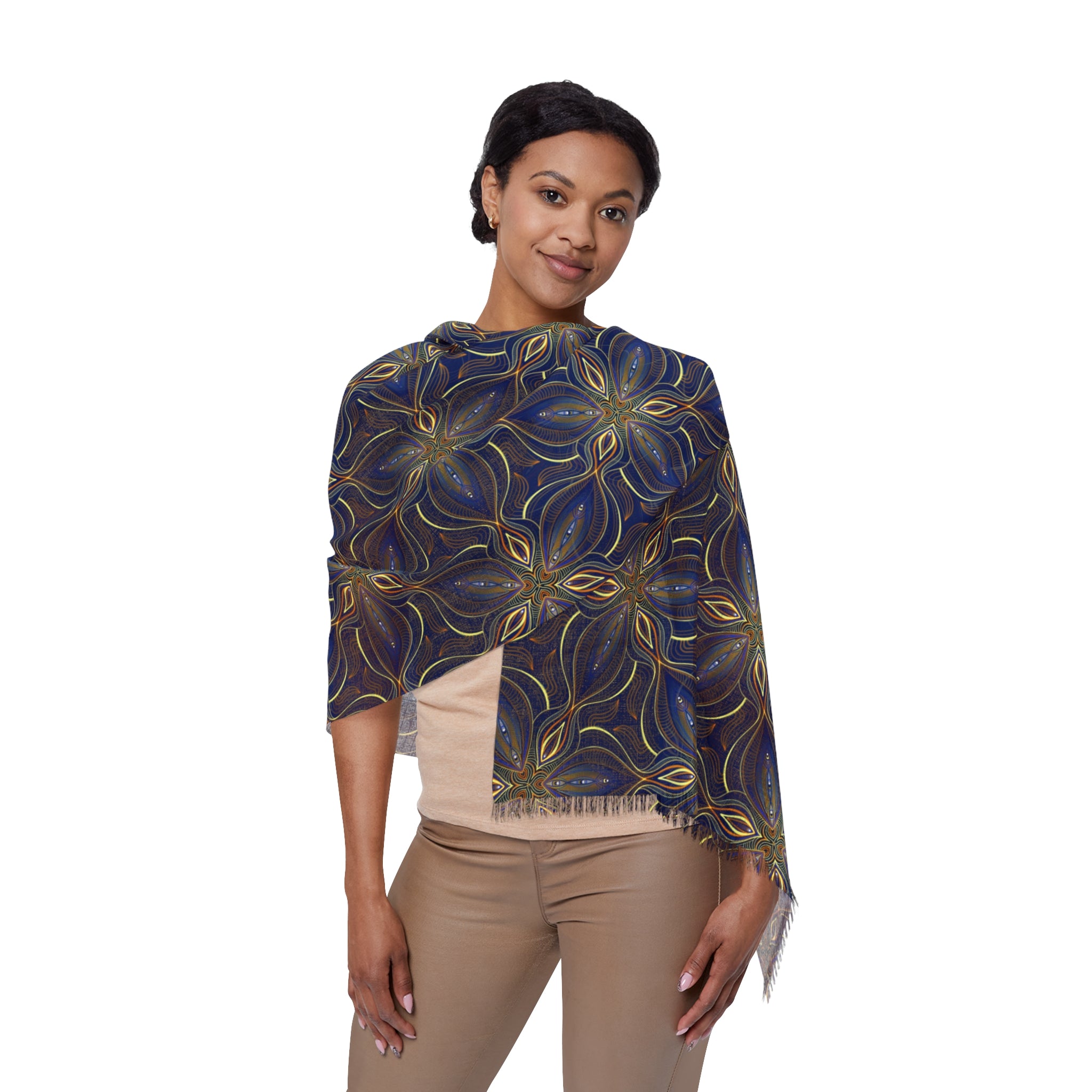 Boho Starburst Lightweight Scarf — Navy & Gold Patterned Wrap #k0987644