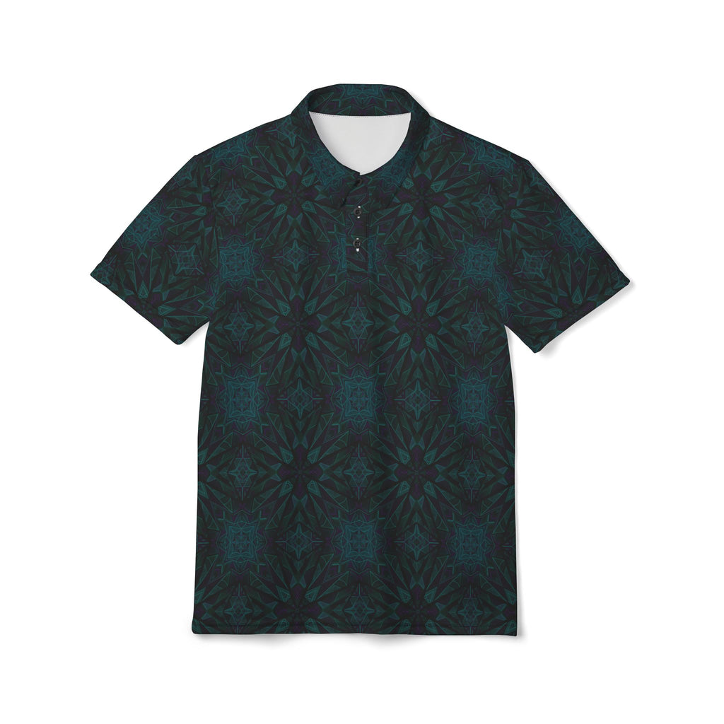 Men's Dark Teal Kaleidoscope Polo Shirt — All-Over Pattern Casual Golf Tee #f8628