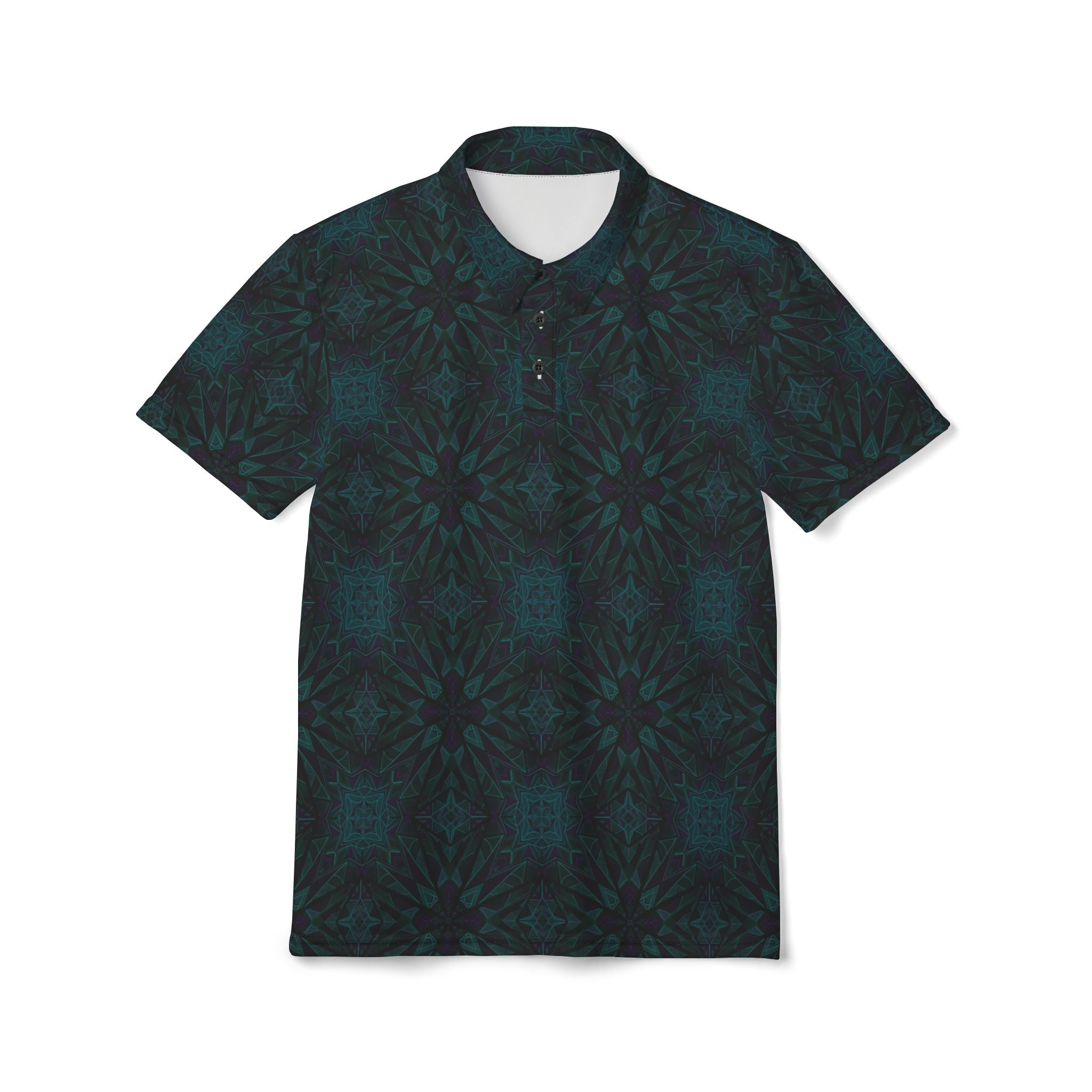 Men's Dark Teal Kaleidoscope Polo Shirt — All-Over Pattern Casual Golf Tee #f8628