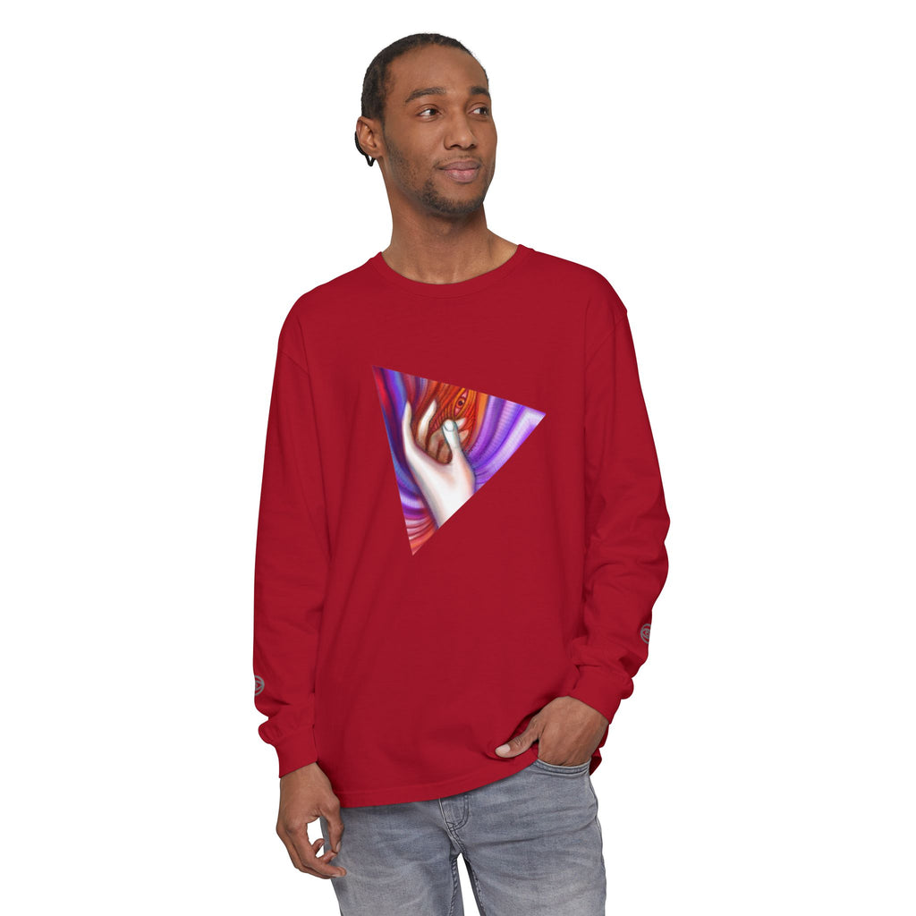 Long Sleeve T-Shirt — Triangular Hand Art Graphic (White) #sh26774