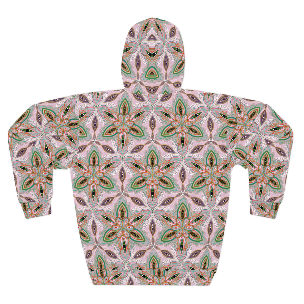 Pink Green Floral Kaleidoscope Hoodie — All-Over-Print Boho Pattern Pullover #as5682