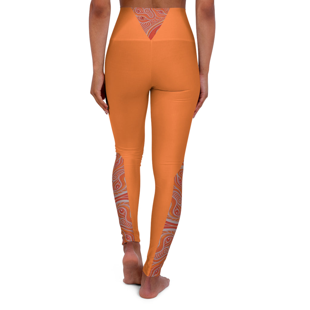 High-Waist Red Yoga Leggings with Orange Swirl Accent — Sculpting Activewear #h97356