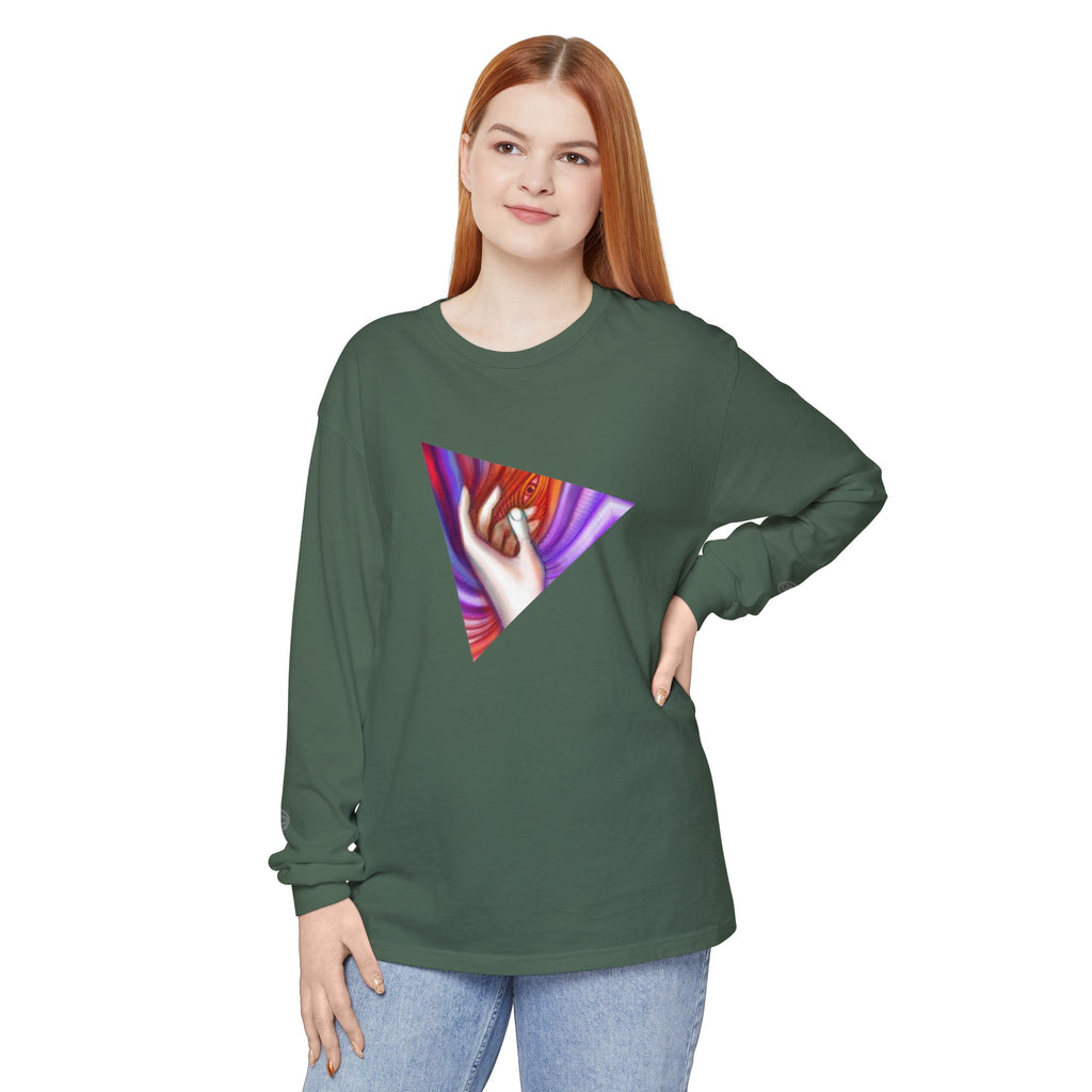 Long Sleeve T-Shirt — Triangular Hand Art Graphic (White) #sh26774