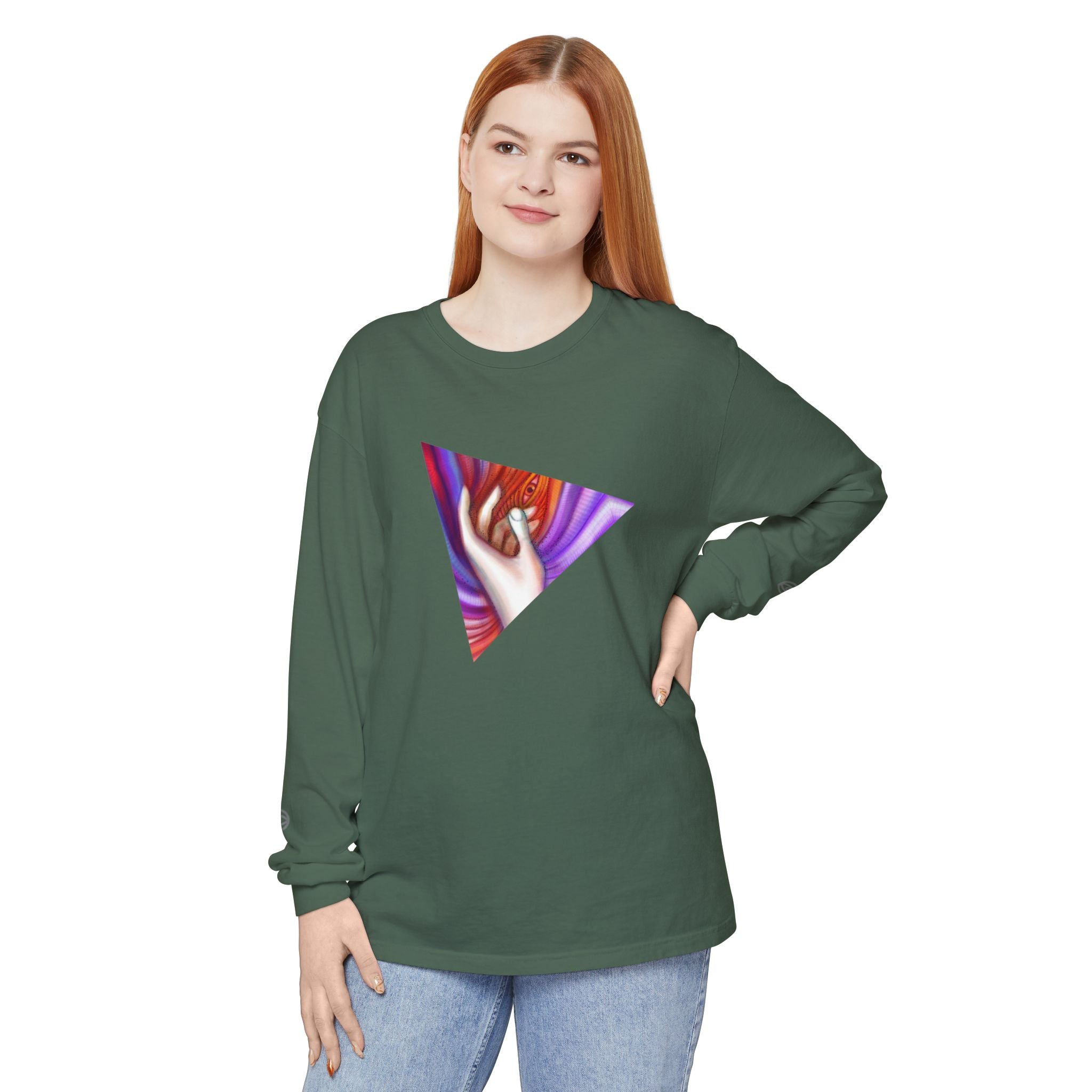 Long Sleeve T-Shirt — Triangular Hand Art Graphic (White) #sh26774