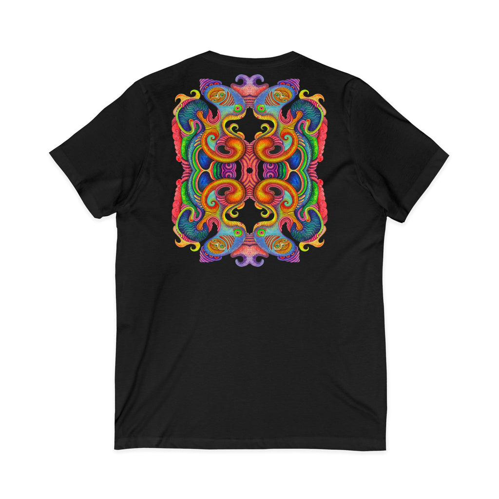 Psychedelic Keyhole V-Neck Tee — Colorful Abstract Back Art  #h975468
