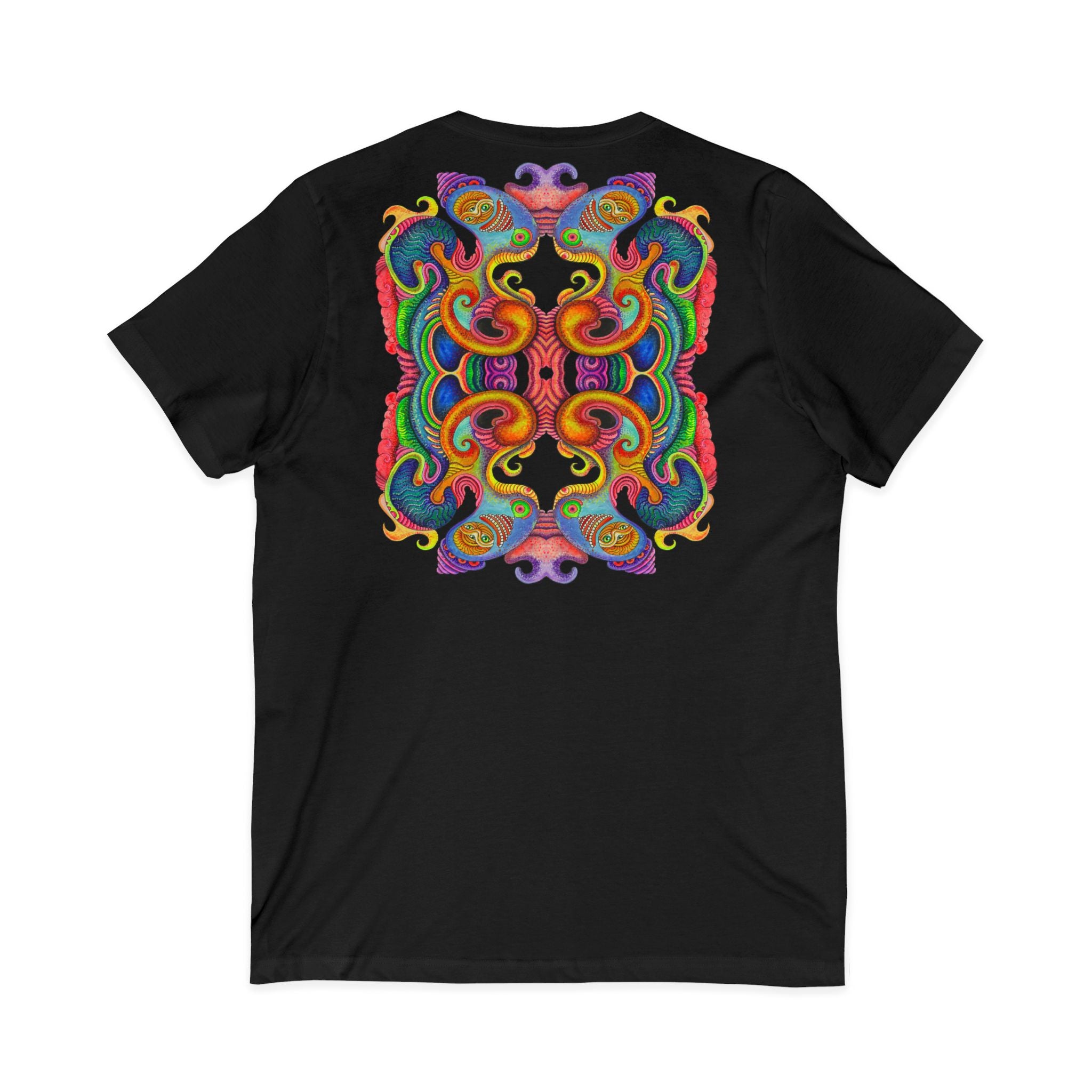 Psychedelic Keyhole V-Neck Tee — Colorful Abstract Back Art  #h975468