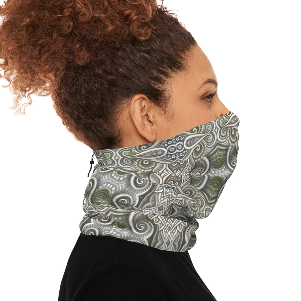 Winter Neck Gaiter — Olive Paisley Drawstring Face Mask & Scarf #s46742