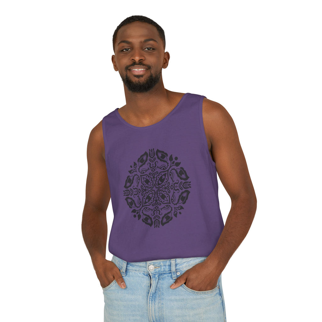 Boho Mandala Tank Top — Black Floral Circular Graphic Tank #fr3