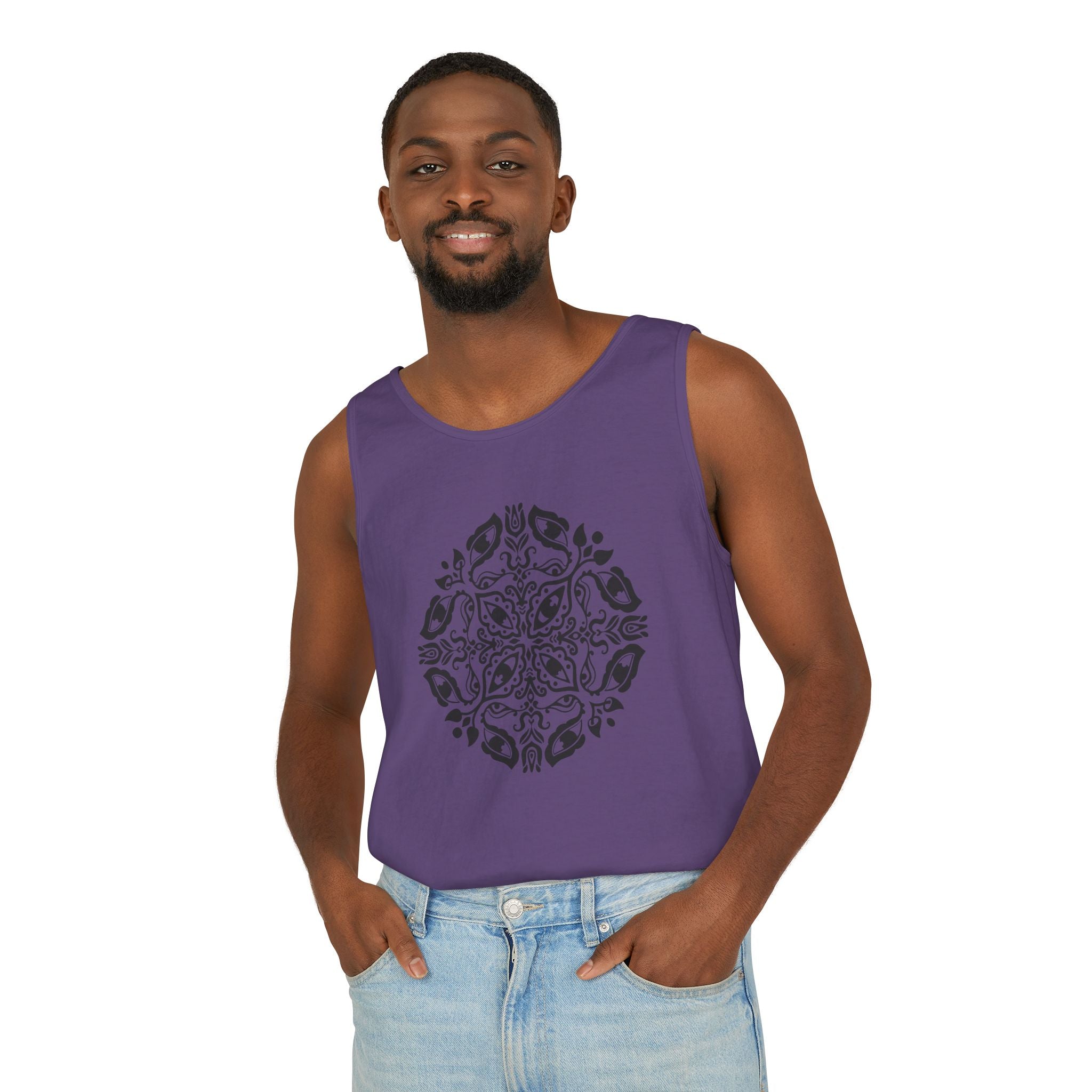 Boho Mandala Tank Top — Black Floral Circular Graphic Tank #fr3