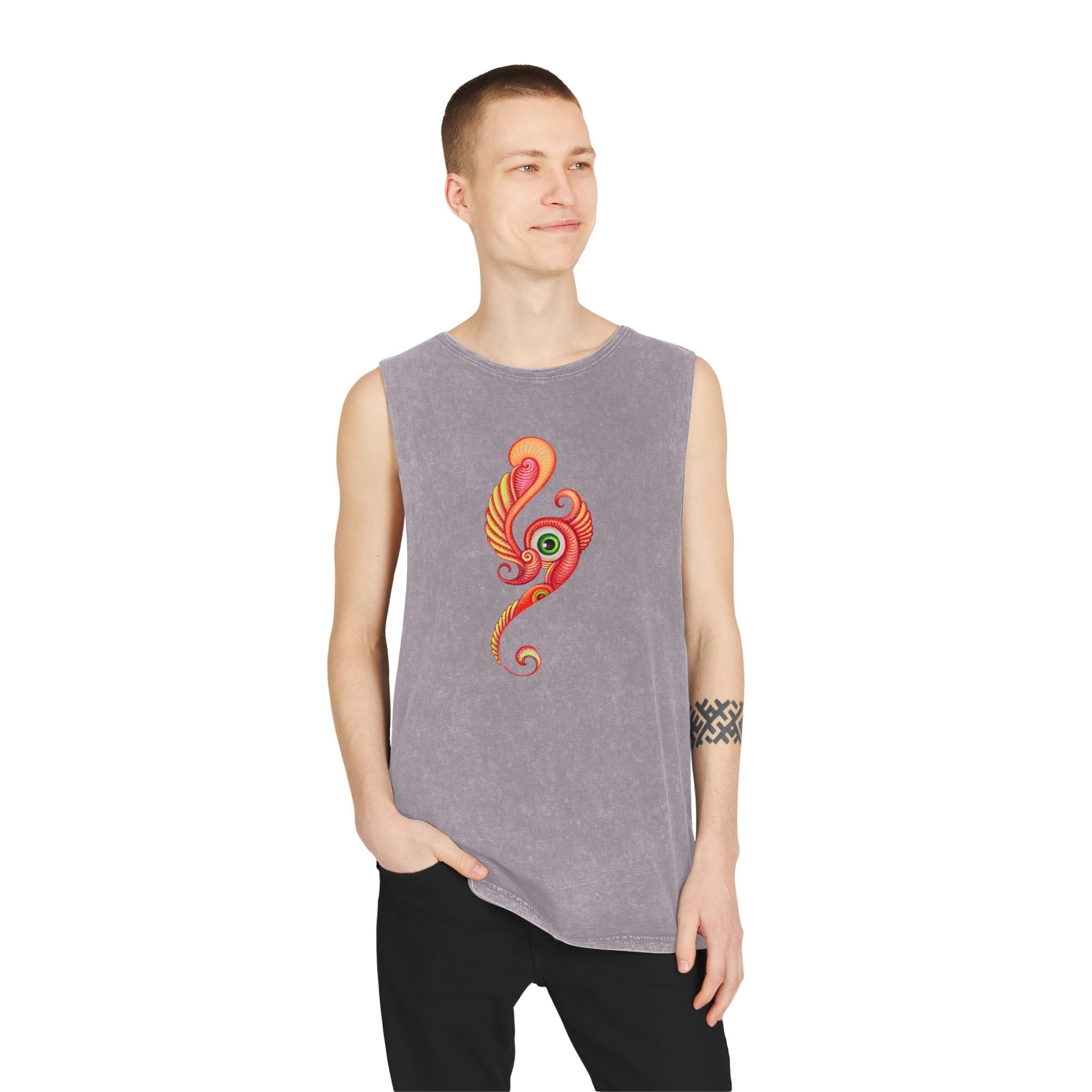 Stonewash Tank Top with Vibrant Abstract Feather Design #rgy3566