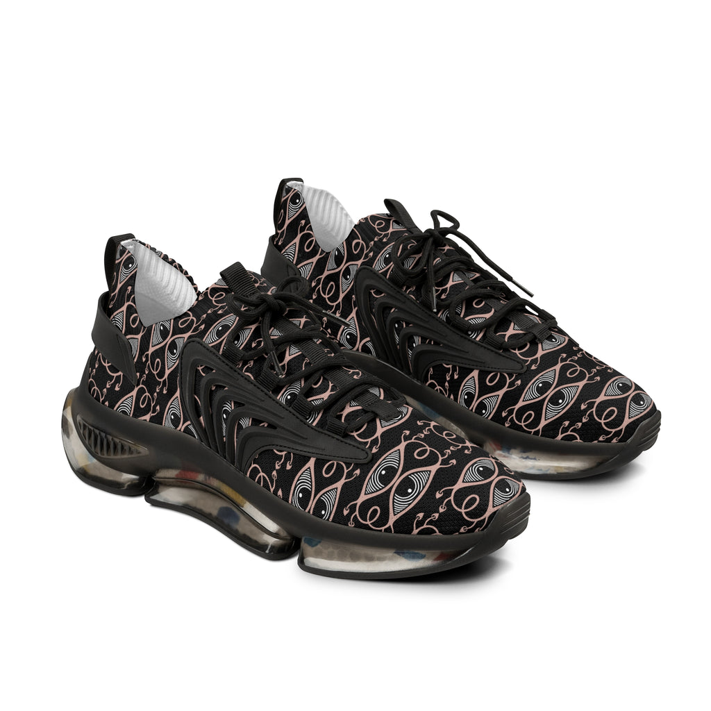 Men's Mesh Sneakers — Black Geometric Eye Pattern Athletic Shoes #h98657
