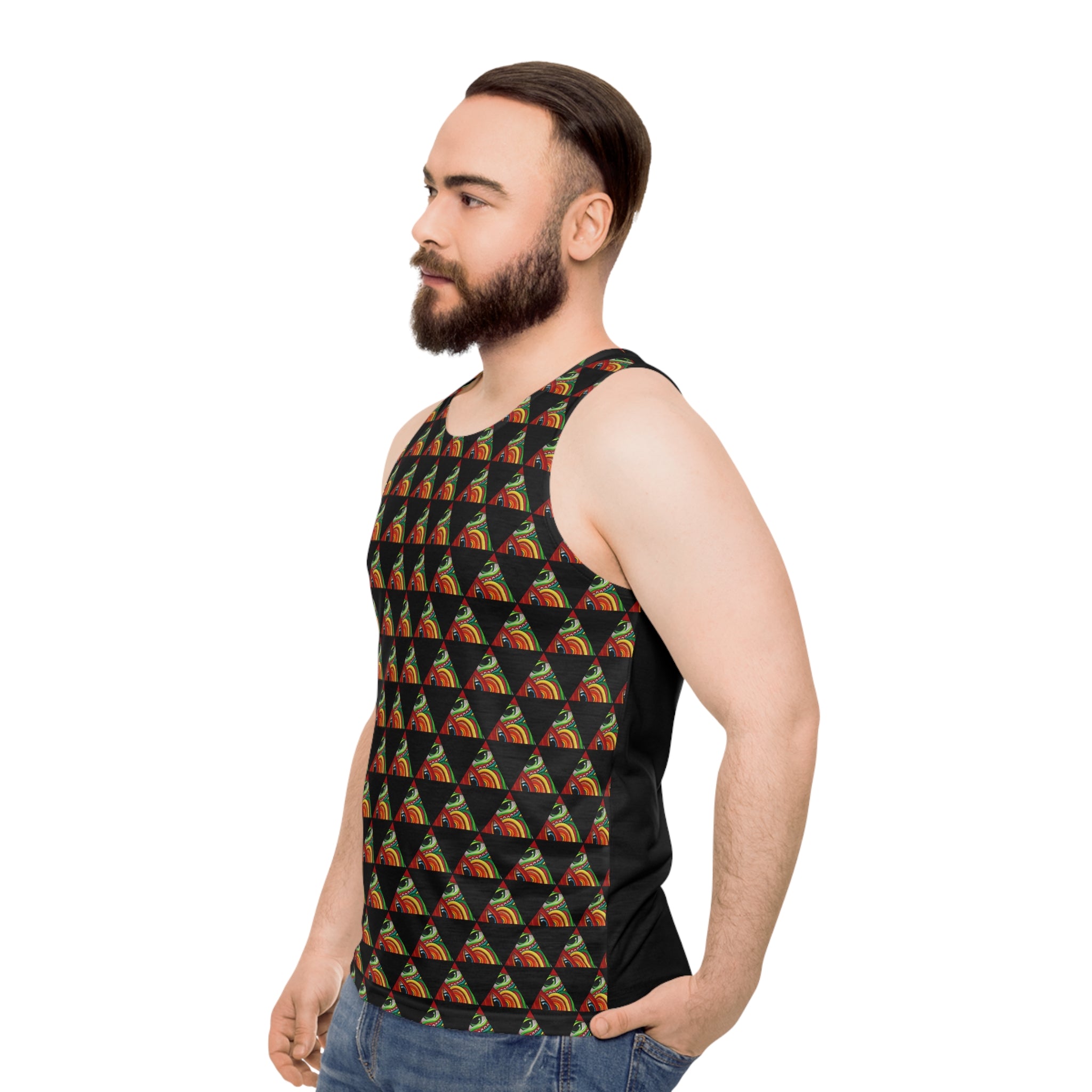 Psychedelic Triangle Pattern Tank Top — Black All-Over Print #kh97535