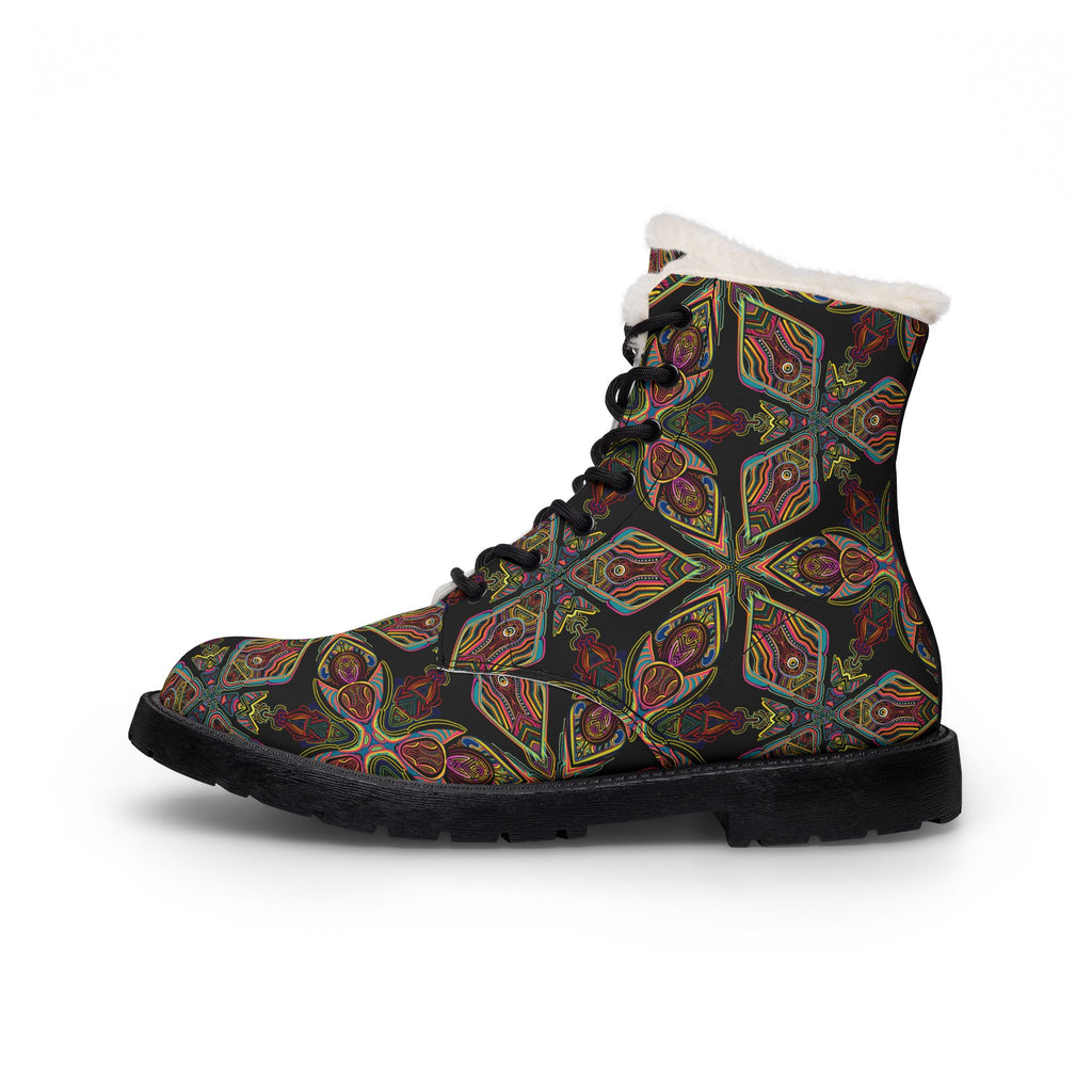 Women's Fur-Lined Leather Boots — Vintage Floral Kaleidoscope Winter Boots #hfs64299