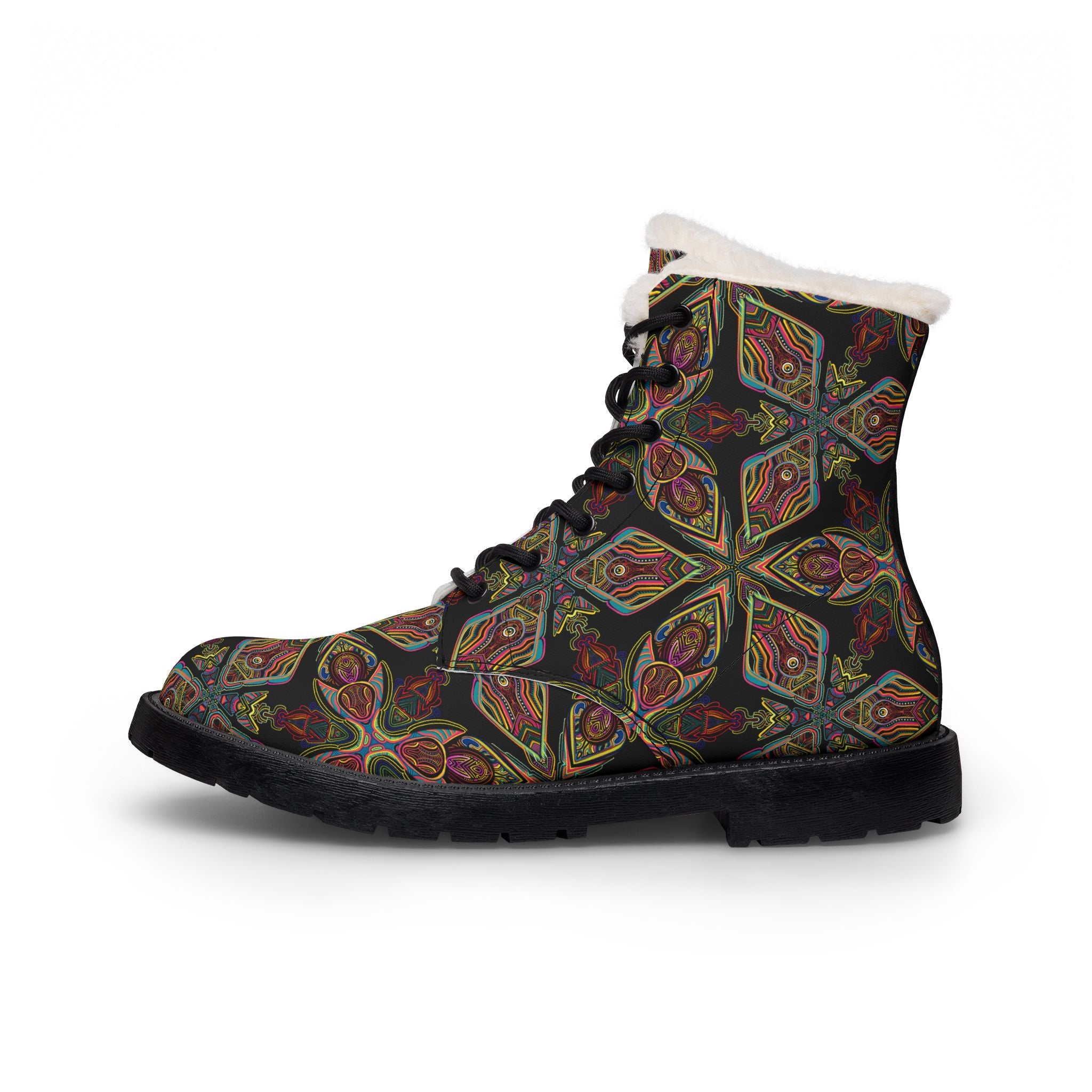 Women's Fur-Lined Leather Boots — Vintage Floral Kaleidoscope Winter Boots #hfs64299