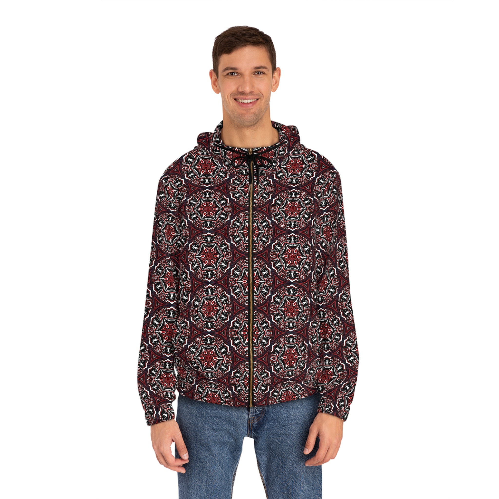 Men's Full-Zip Hoodie — Geometric Red Kaleidoscope Pattern #h764468