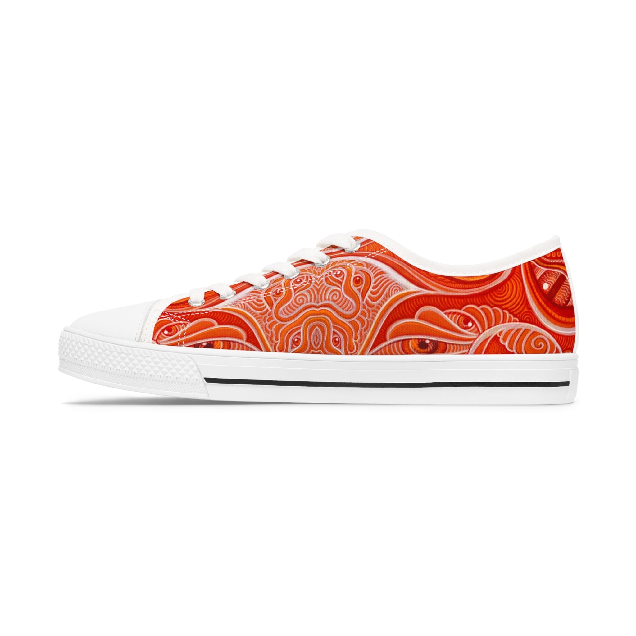 Women's Low Top Sneakers — Red Abstract Swirl Canvas Shoes, Artistic Casual Lace-Up Trainers #d00422