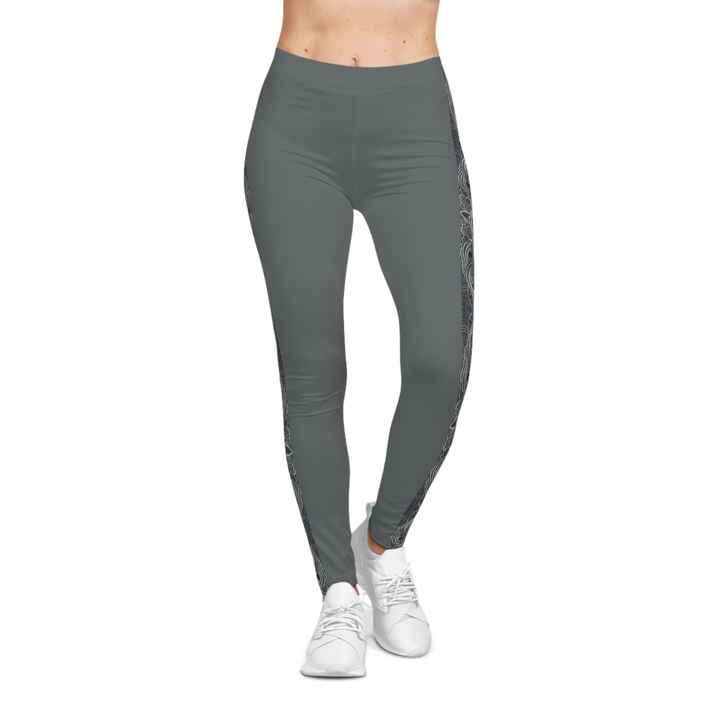 Grey Leggings with Ornate Side Panel — Women's Casual AOP Leggings